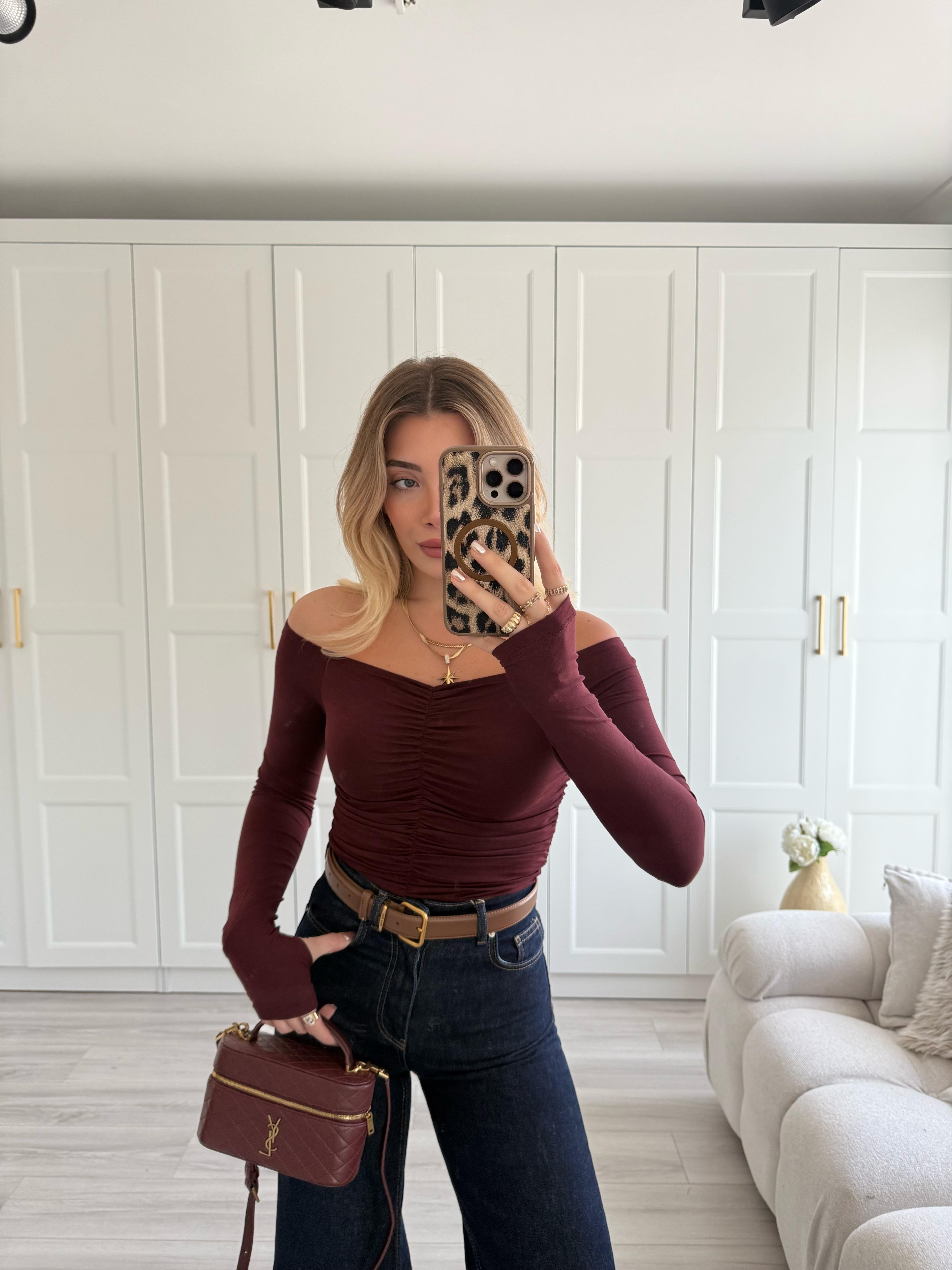 Bordo Omuzları Açık Büzgülü Top-32089
