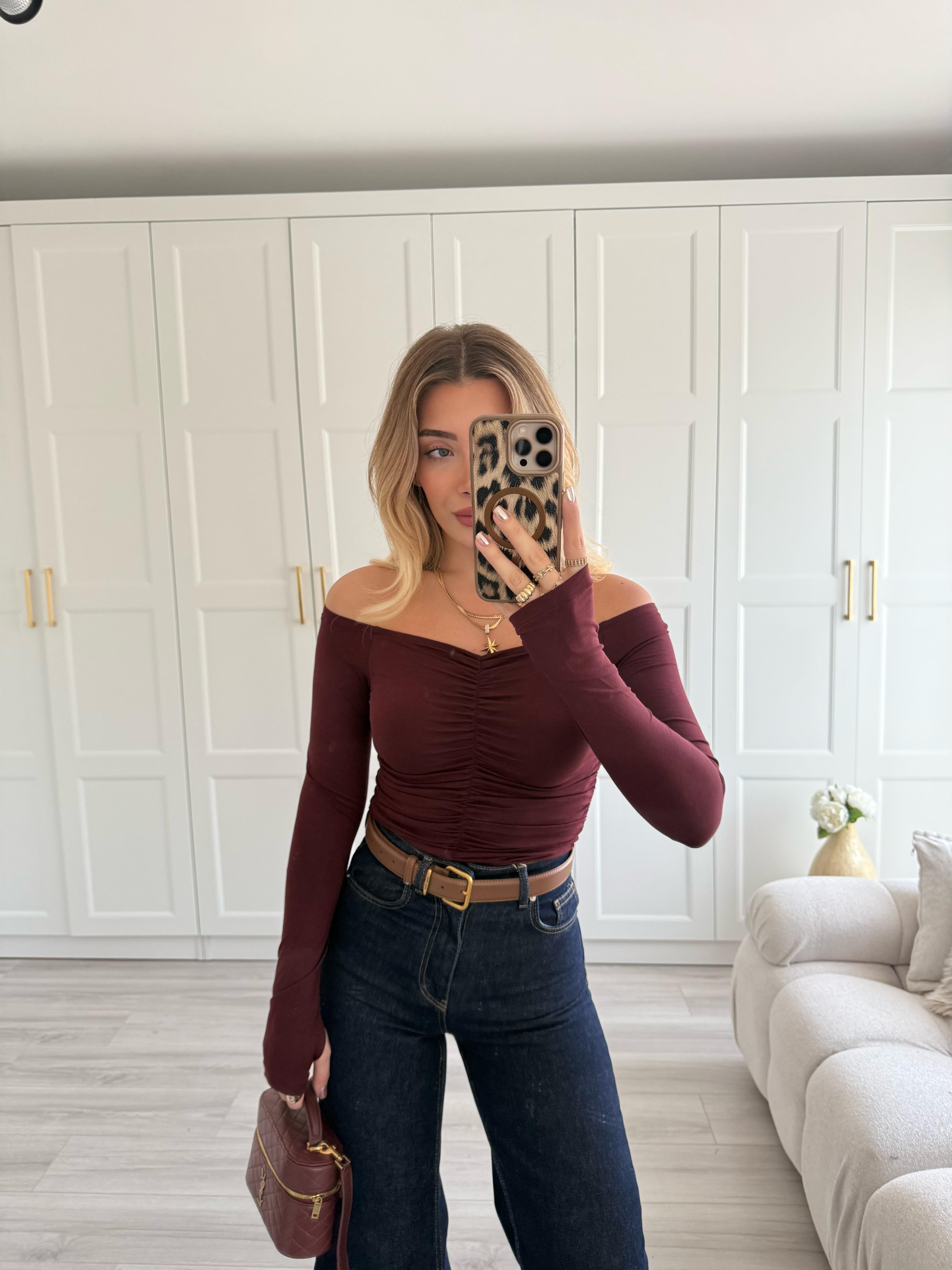 Bordo Omuzları Açık Büzgülü Top-32089