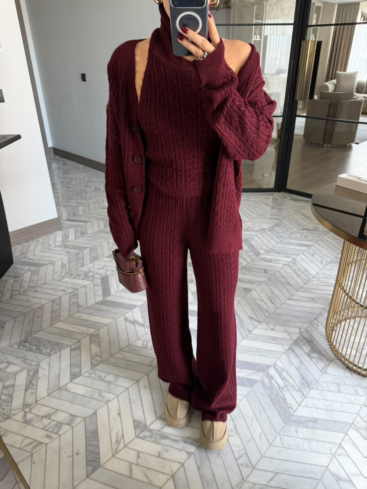 Bordo Örme Desenli Üçlü Triko Takım