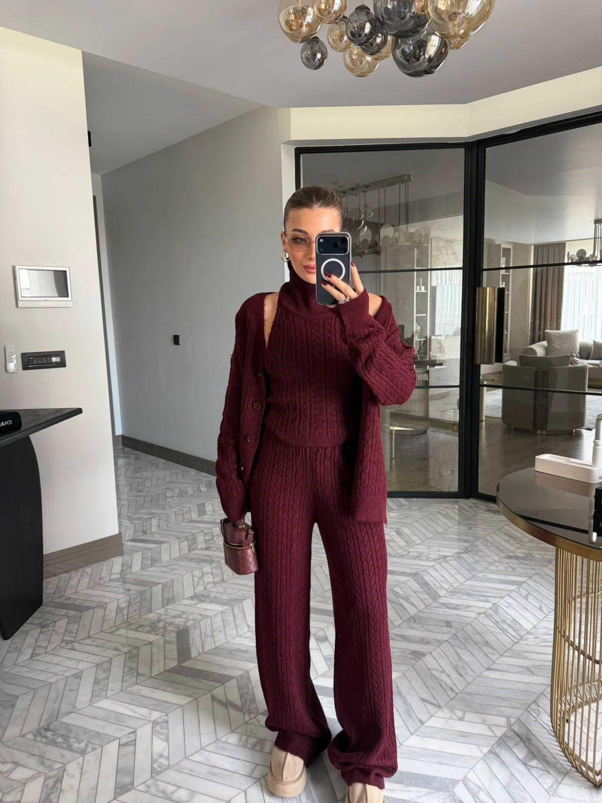 Bordo Örme Desenli Üçlü Triko Takım