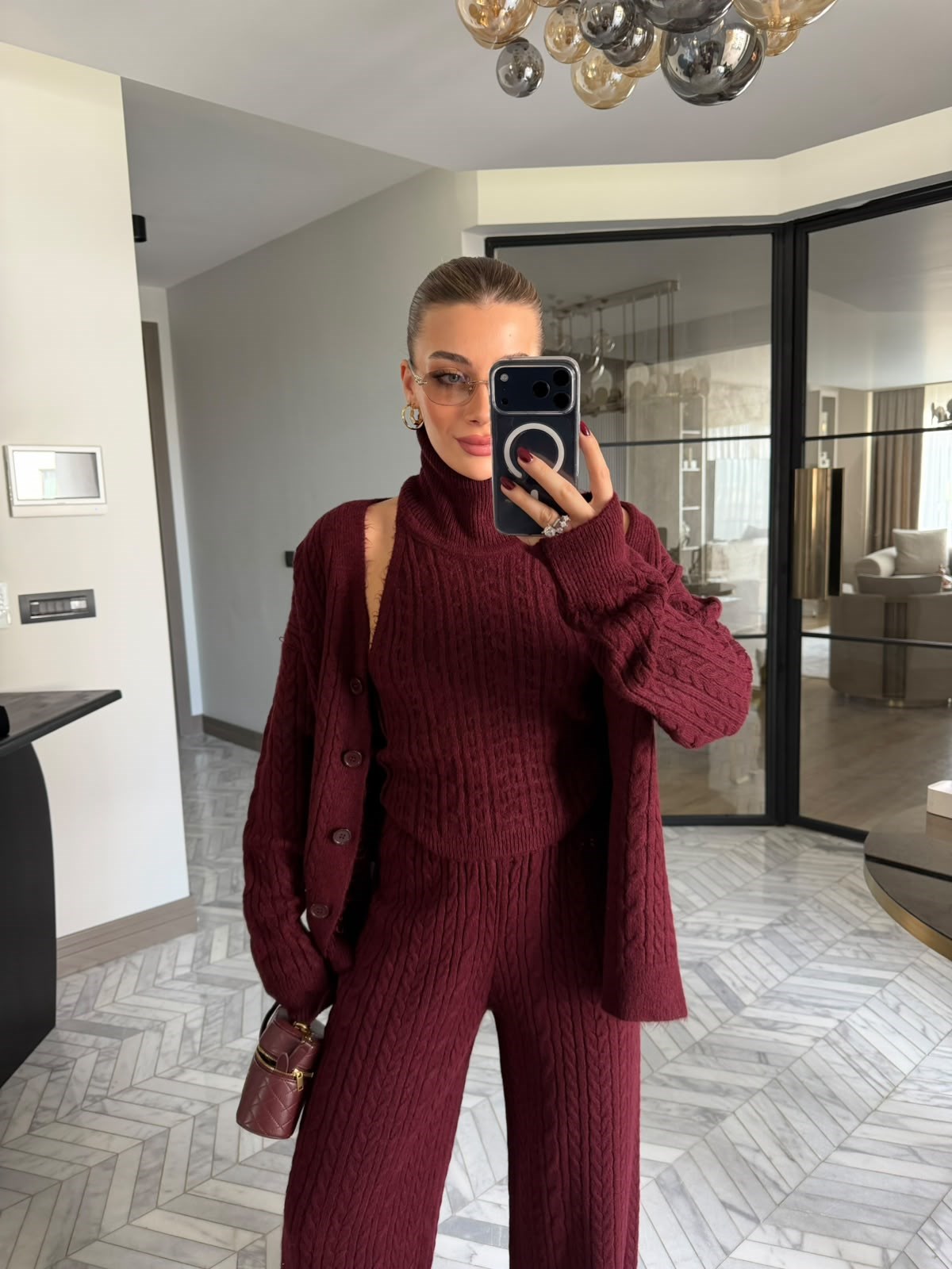 Bordo Örme Desenli Üçlü Triko Takım