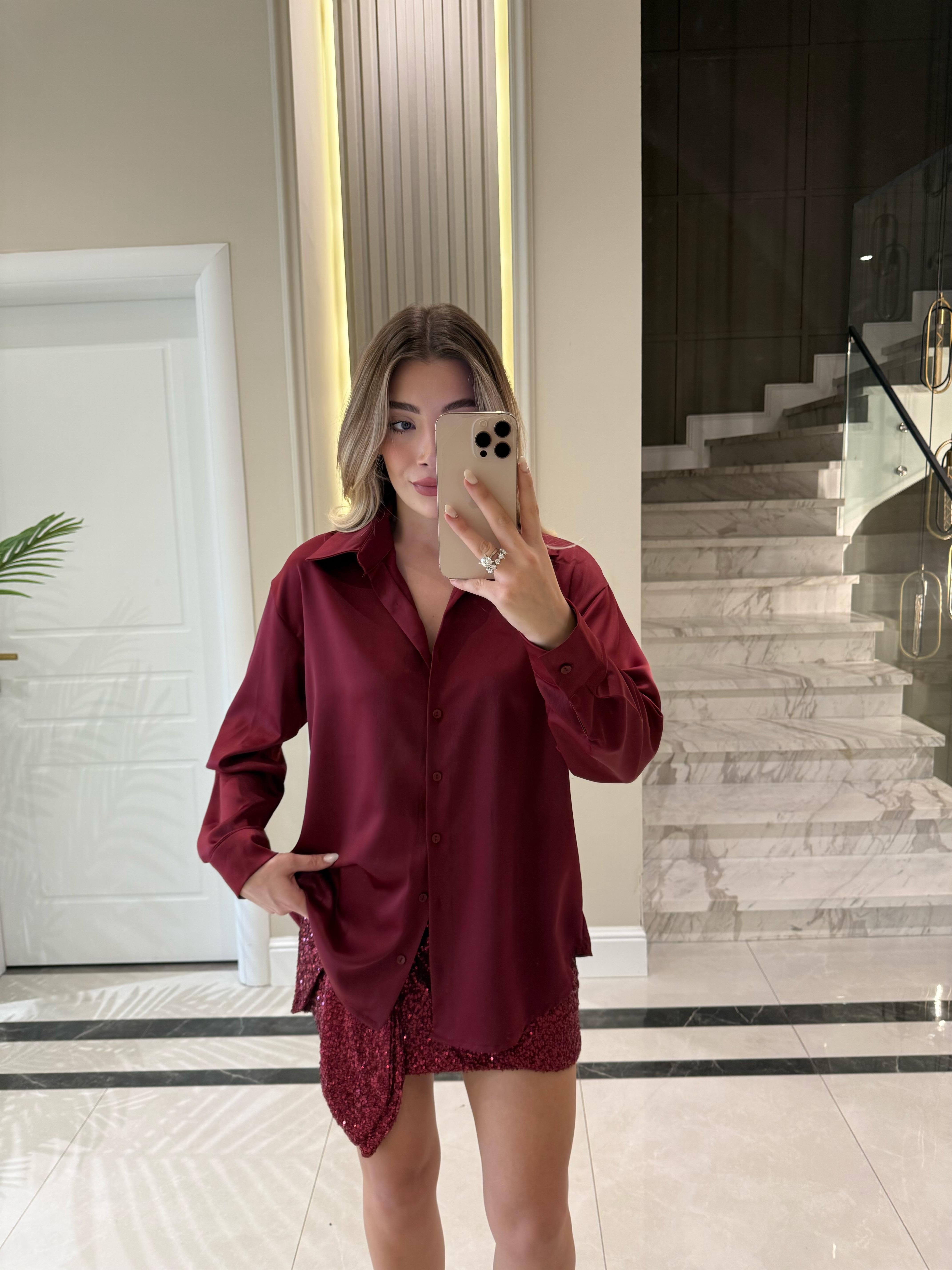 Bordo Regular Saten Gömlek