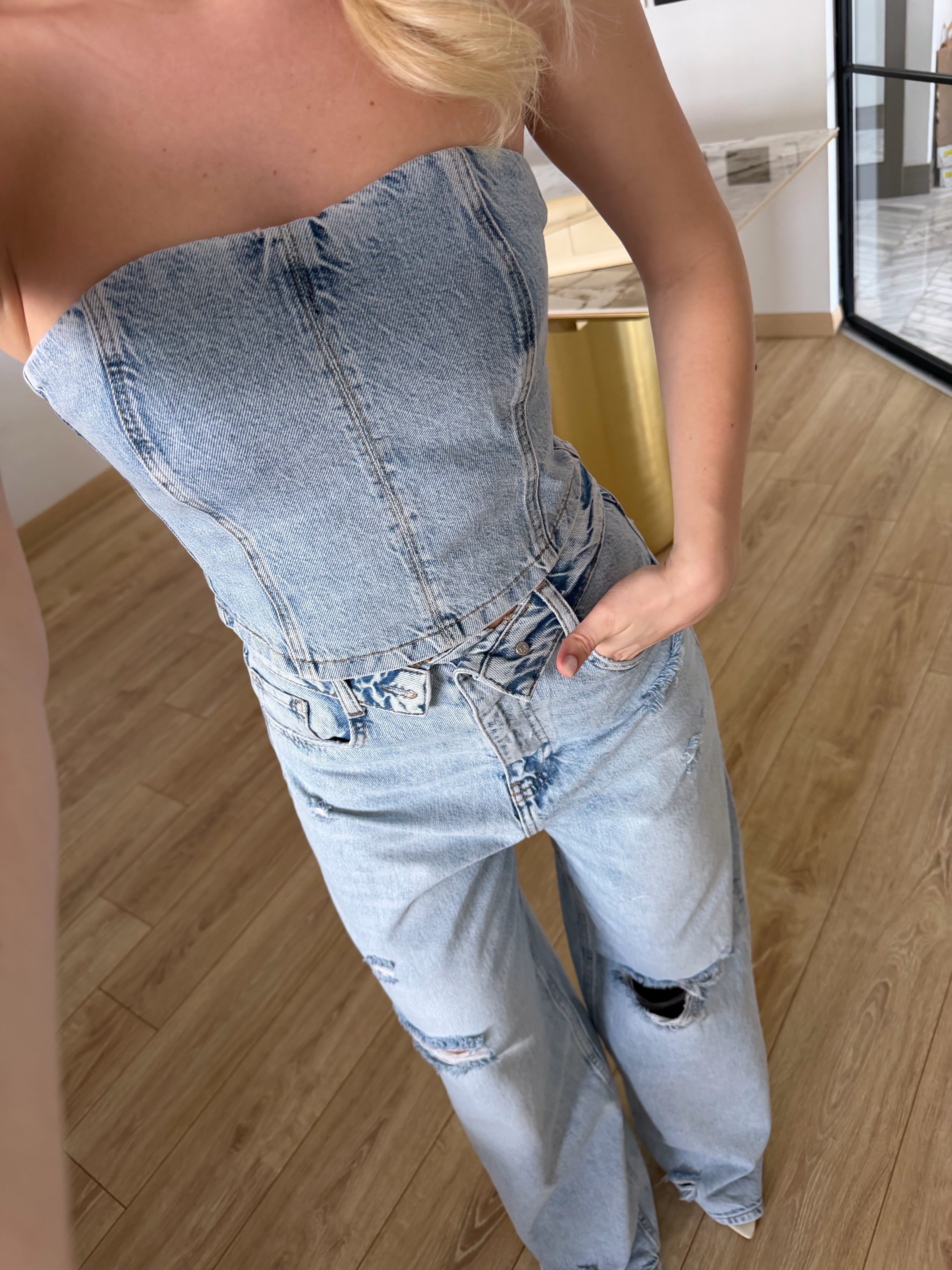 Buz Mavi Büstiyer-Pantolon İkili Denim Takım