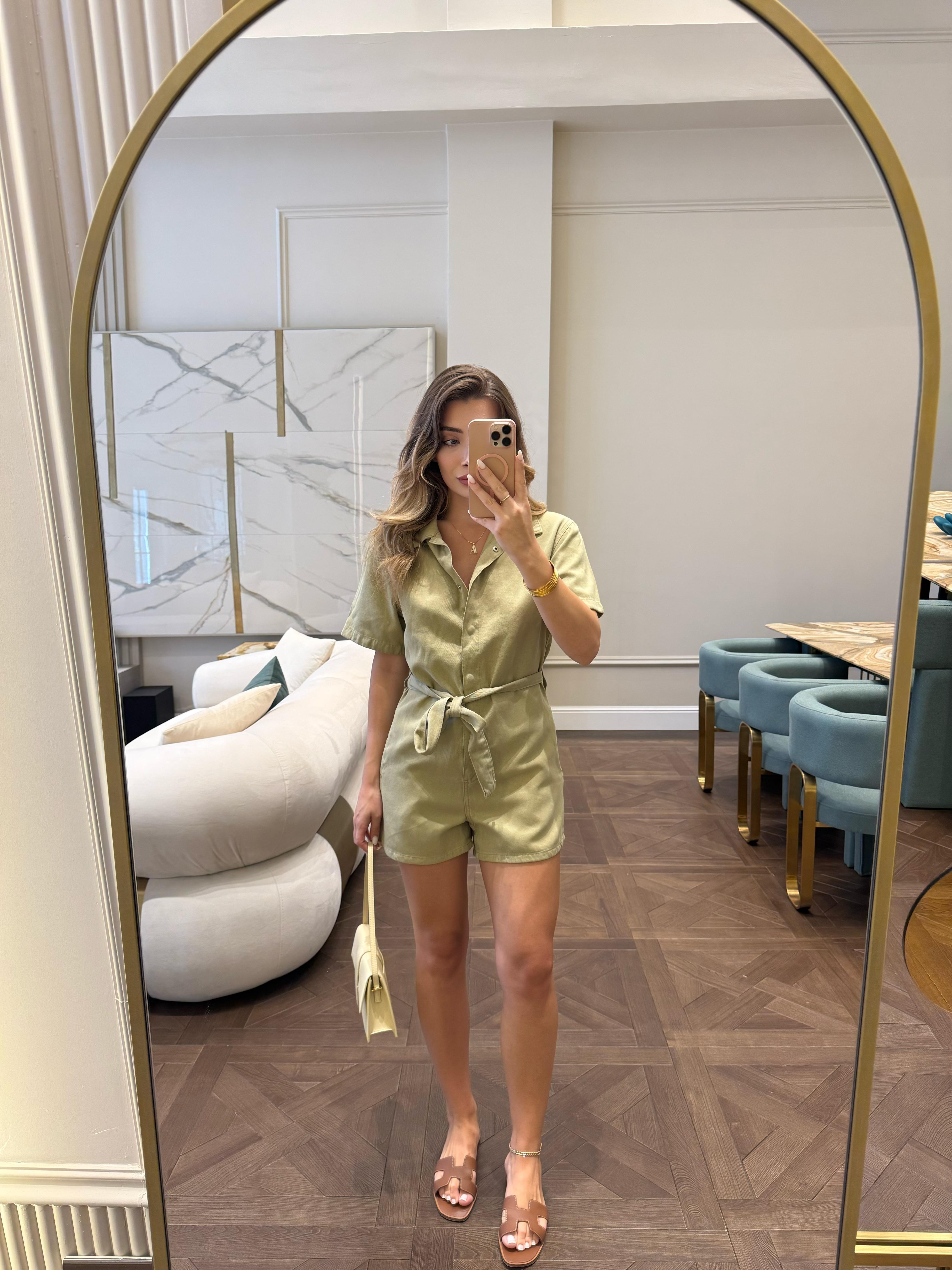 Çağla Yeşil Kuşaklı Şortlu Tulum -72028