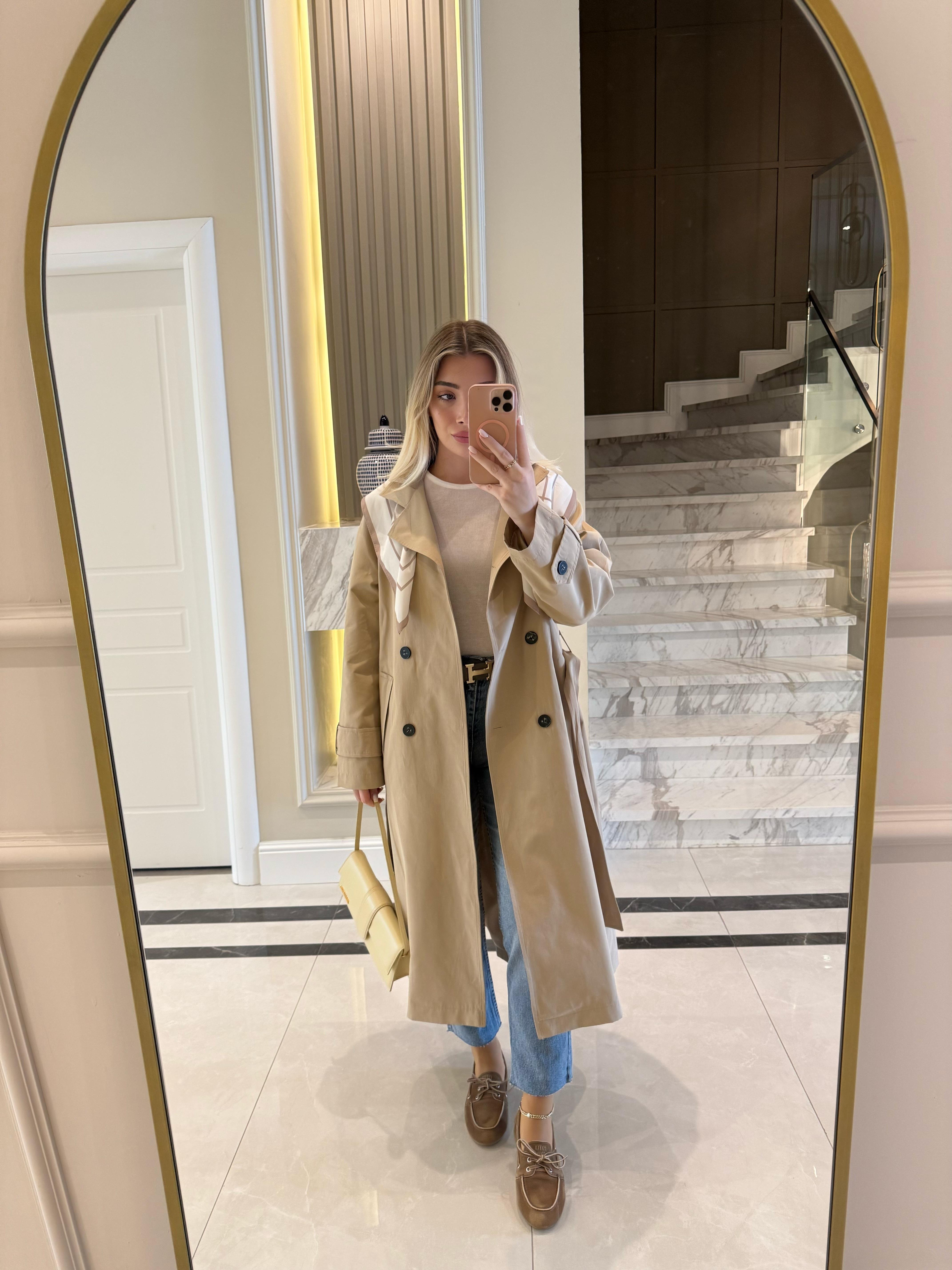 Camel  Fularlı Uzun Trençkot