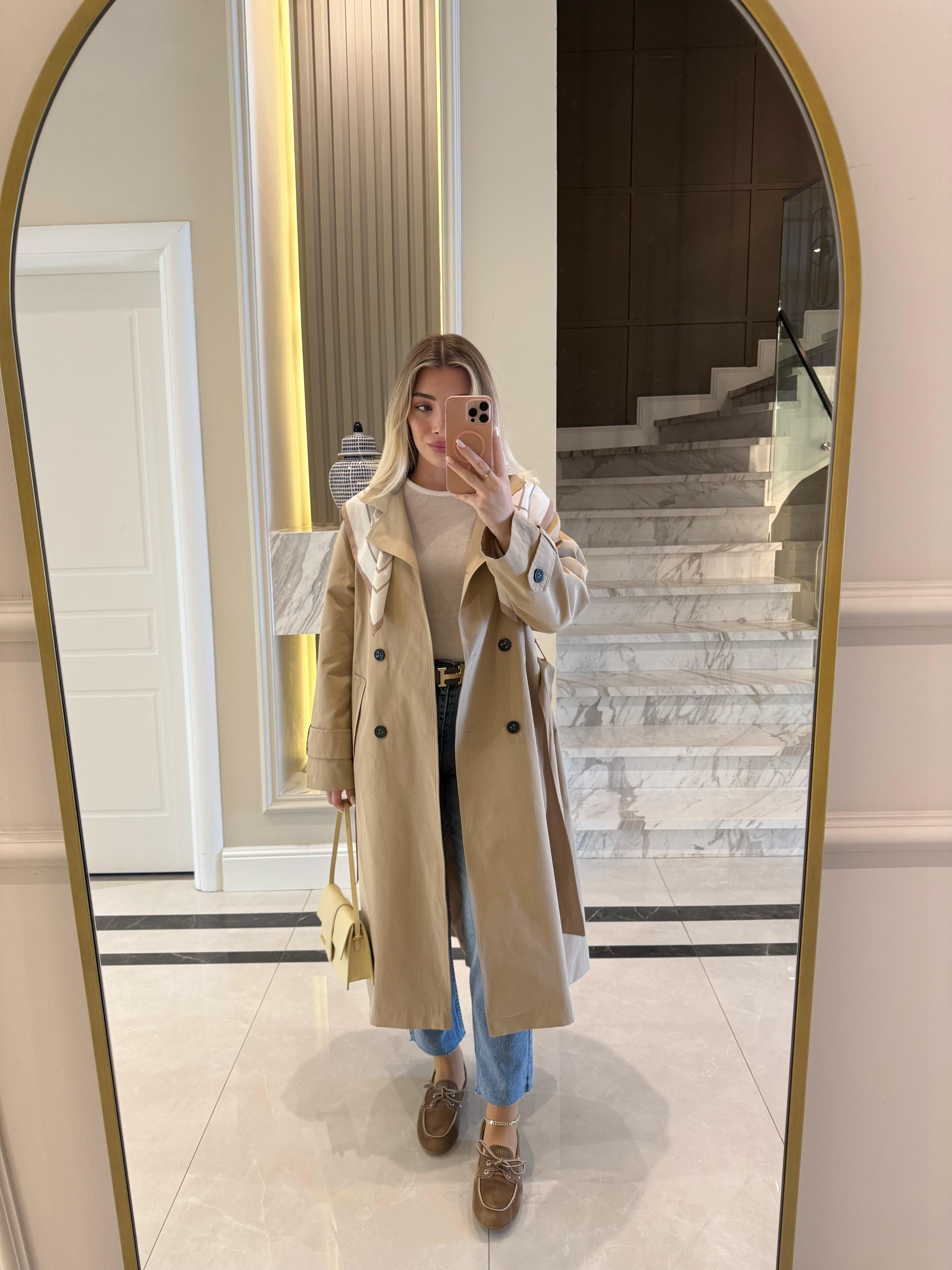 Camel  Fularlı Uzun Trençkot