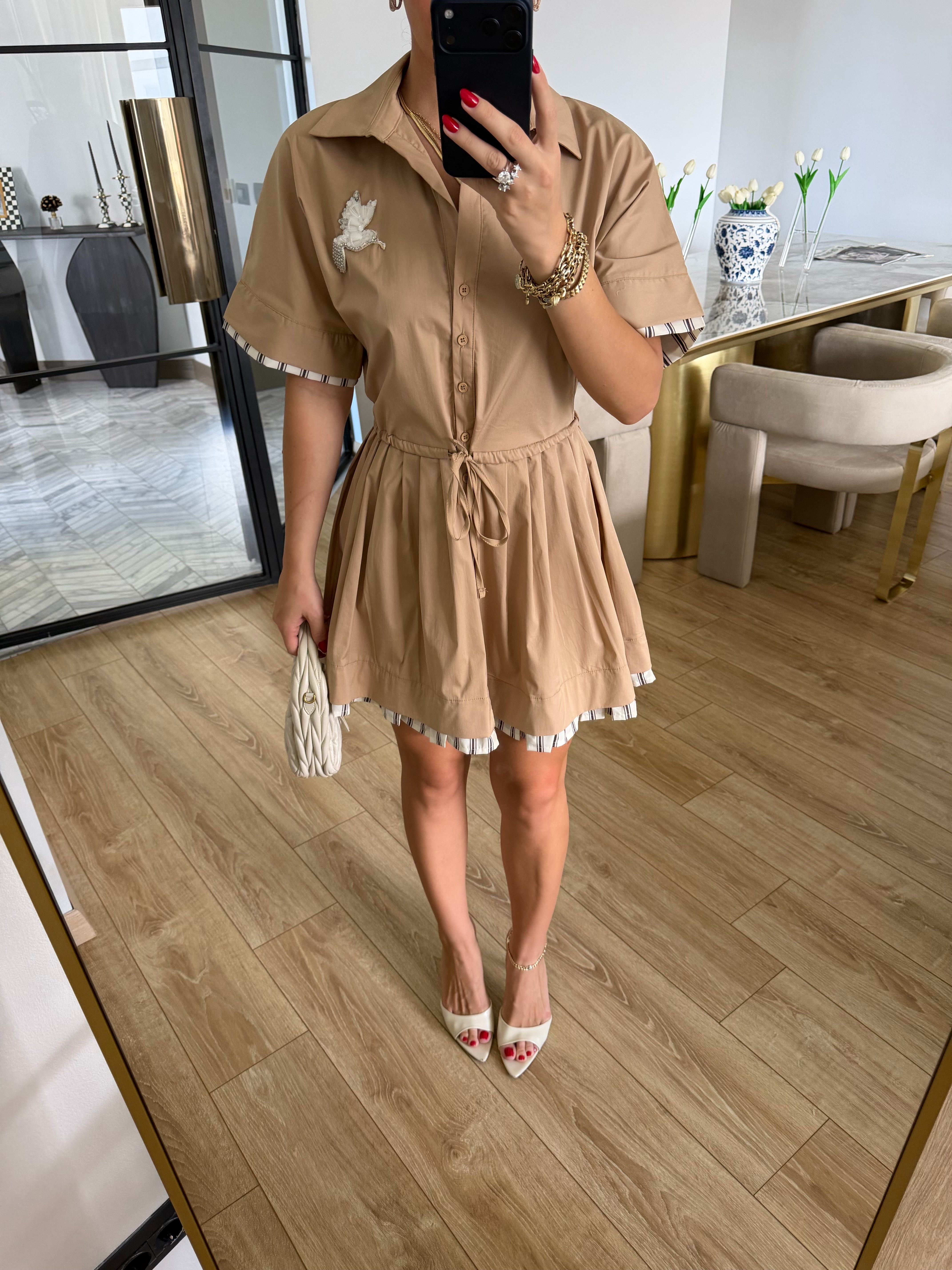 Camel Garnili Kısa Kol Elbise-02634