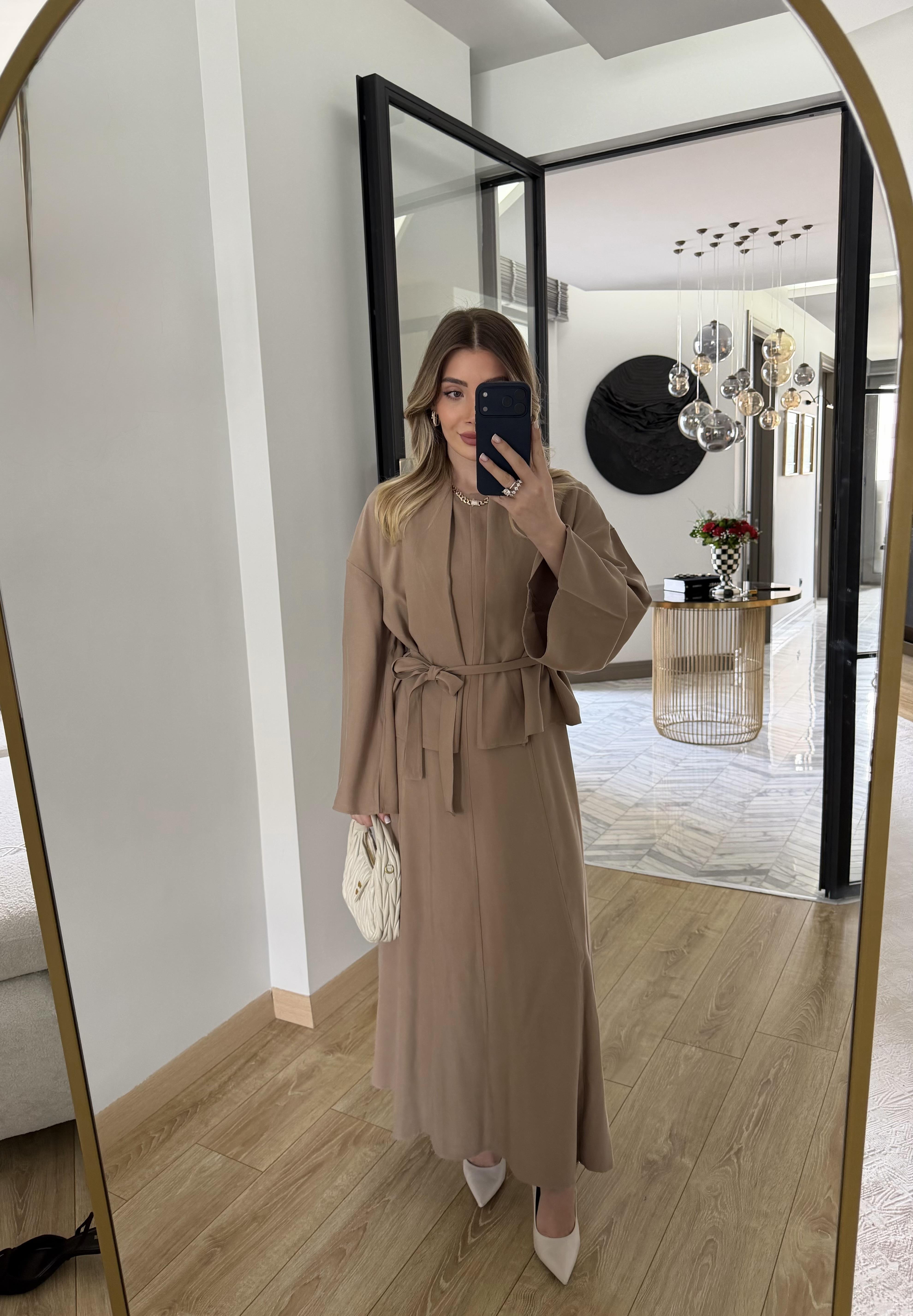 Camel  Kuşaklı Elbise Ceket Takım