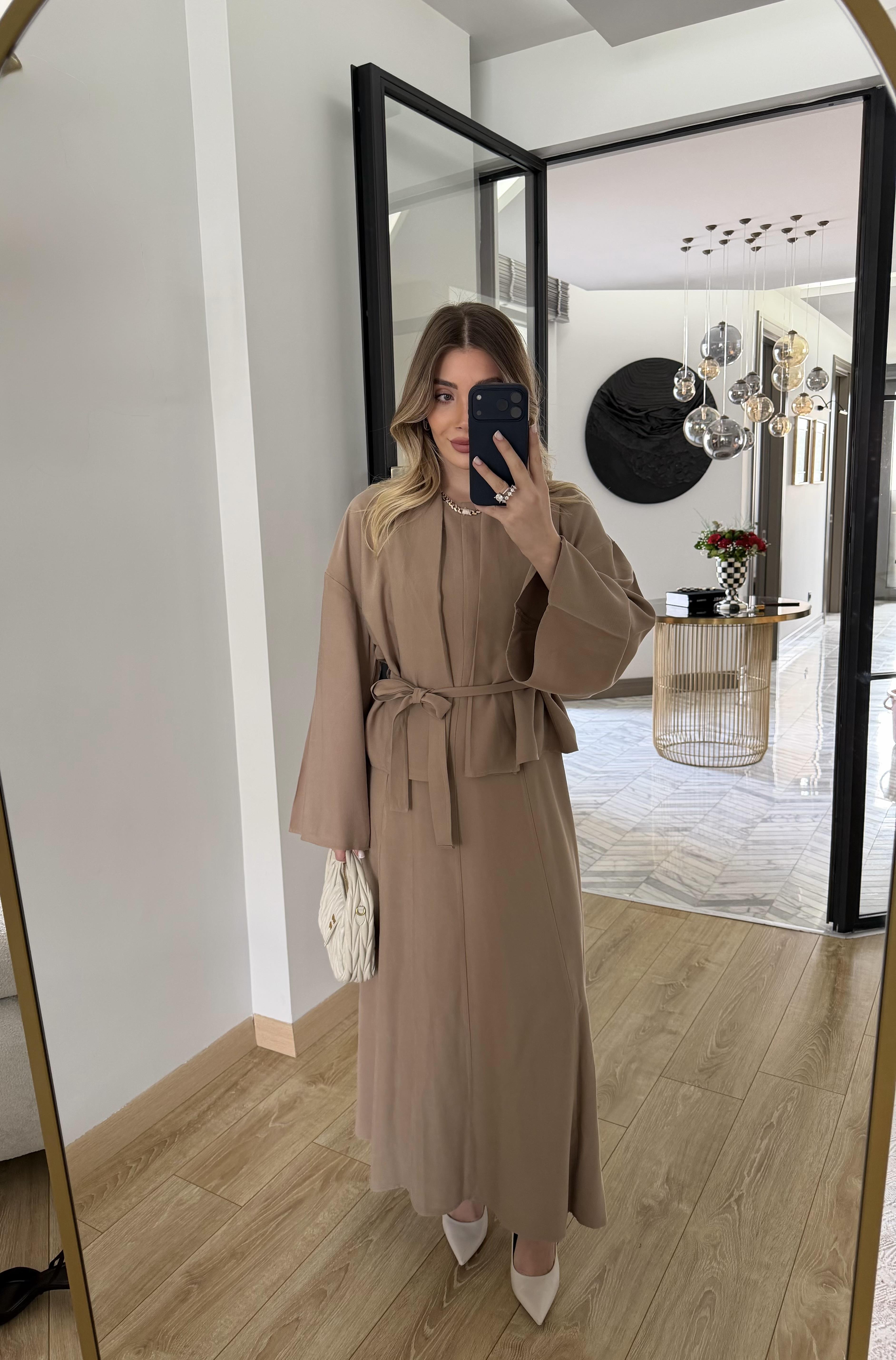 Camel  Kuşaklı Elbise Ceket Takım