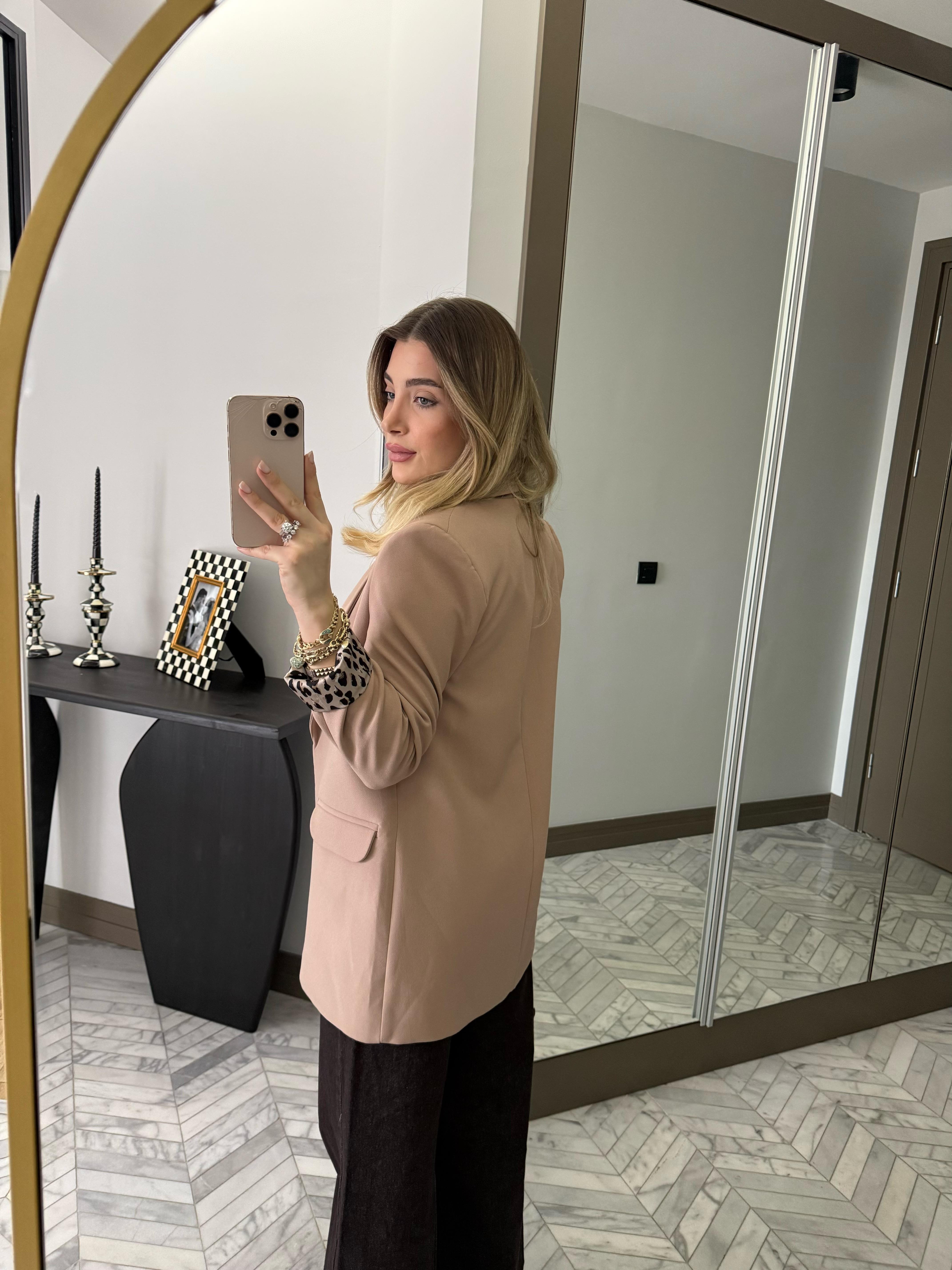 Camel Leopar Astarlı Atlas Kumaş Blazer Ceket