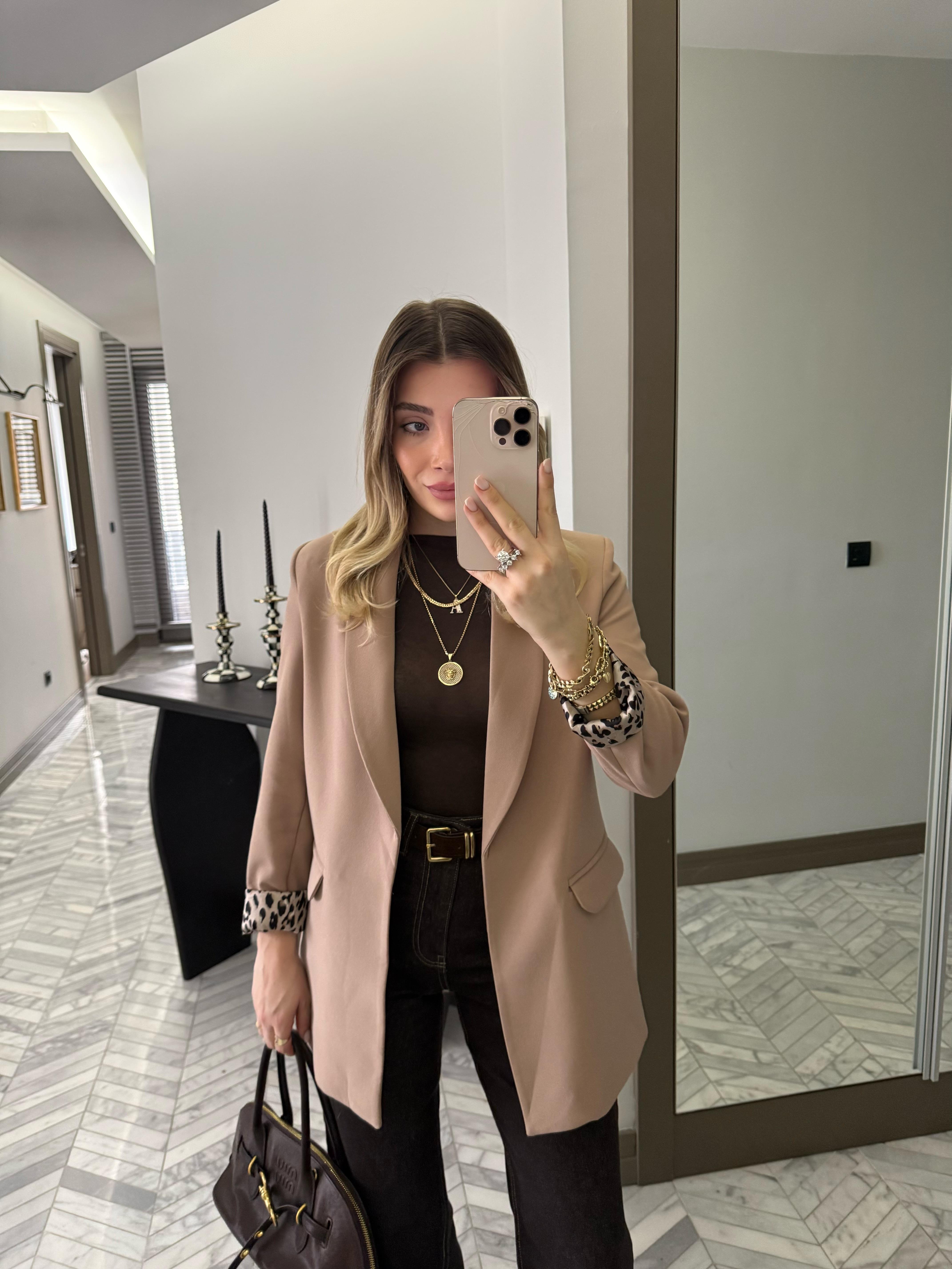 Camel Leopar Astarlı Atlas Kumaş Blazer Ceket