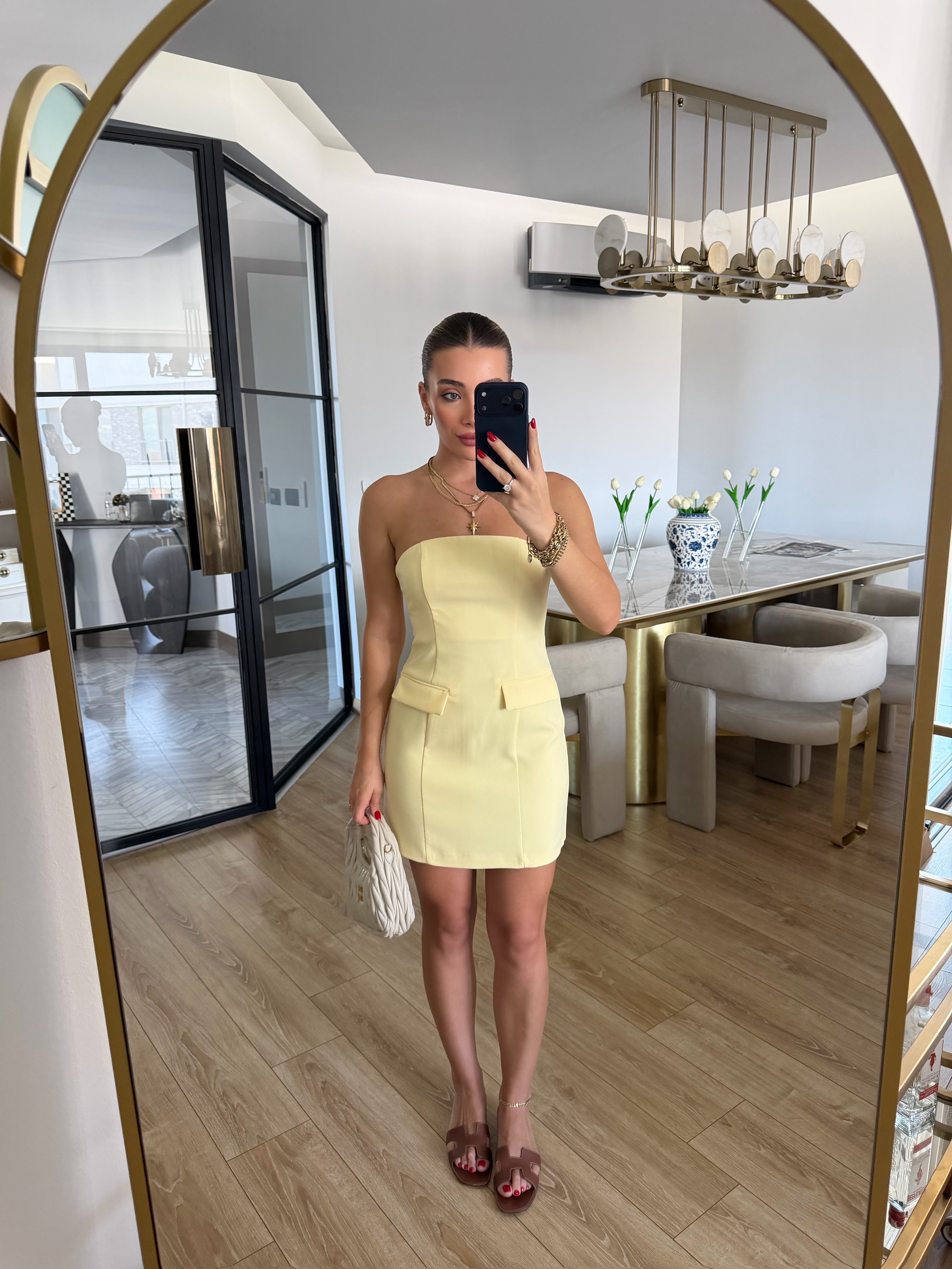 Cep Detaylı Straplez Mini Elbise Sarı