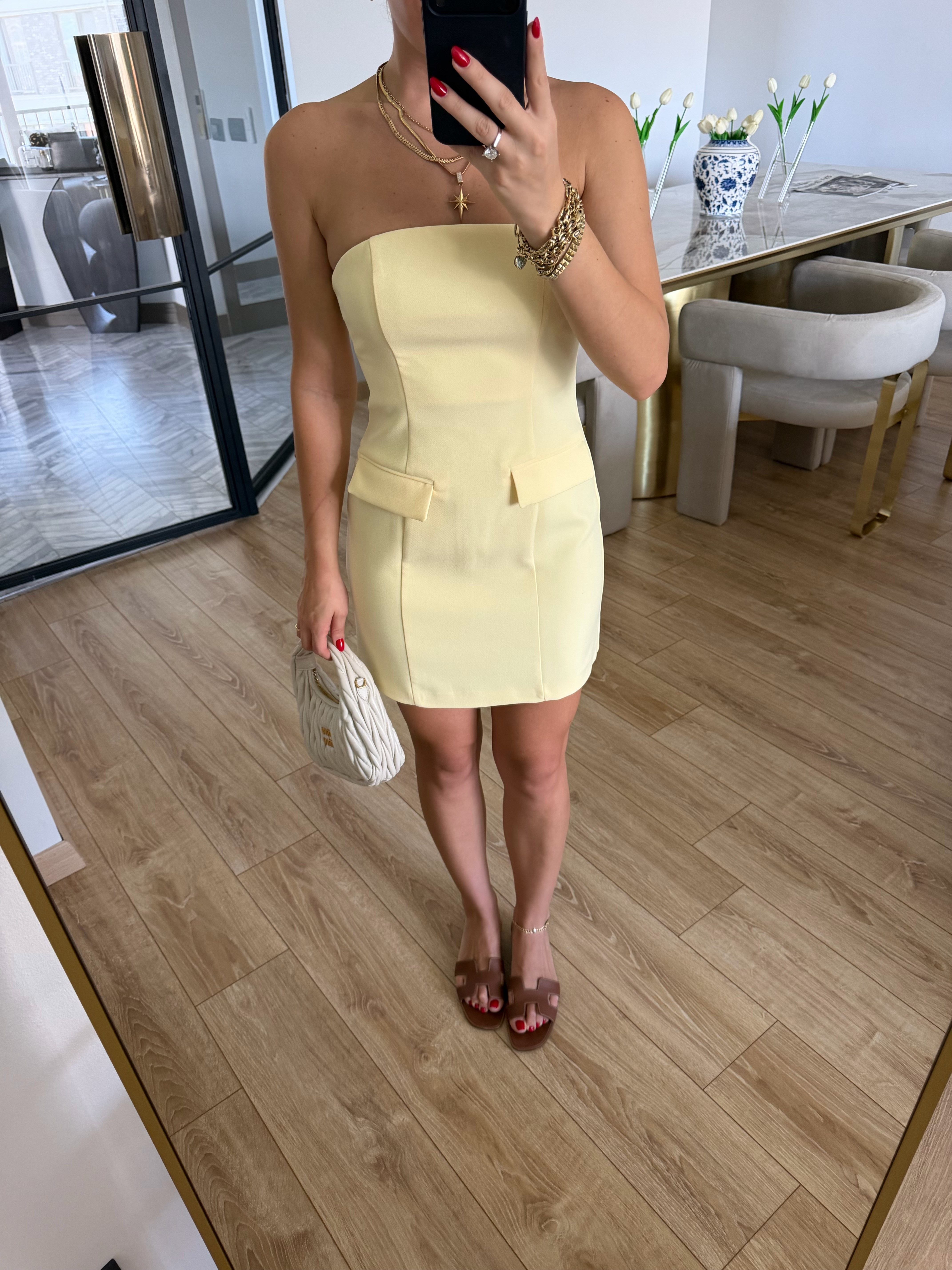 Cep Detaylı Straplez Mini Elbise Sarı