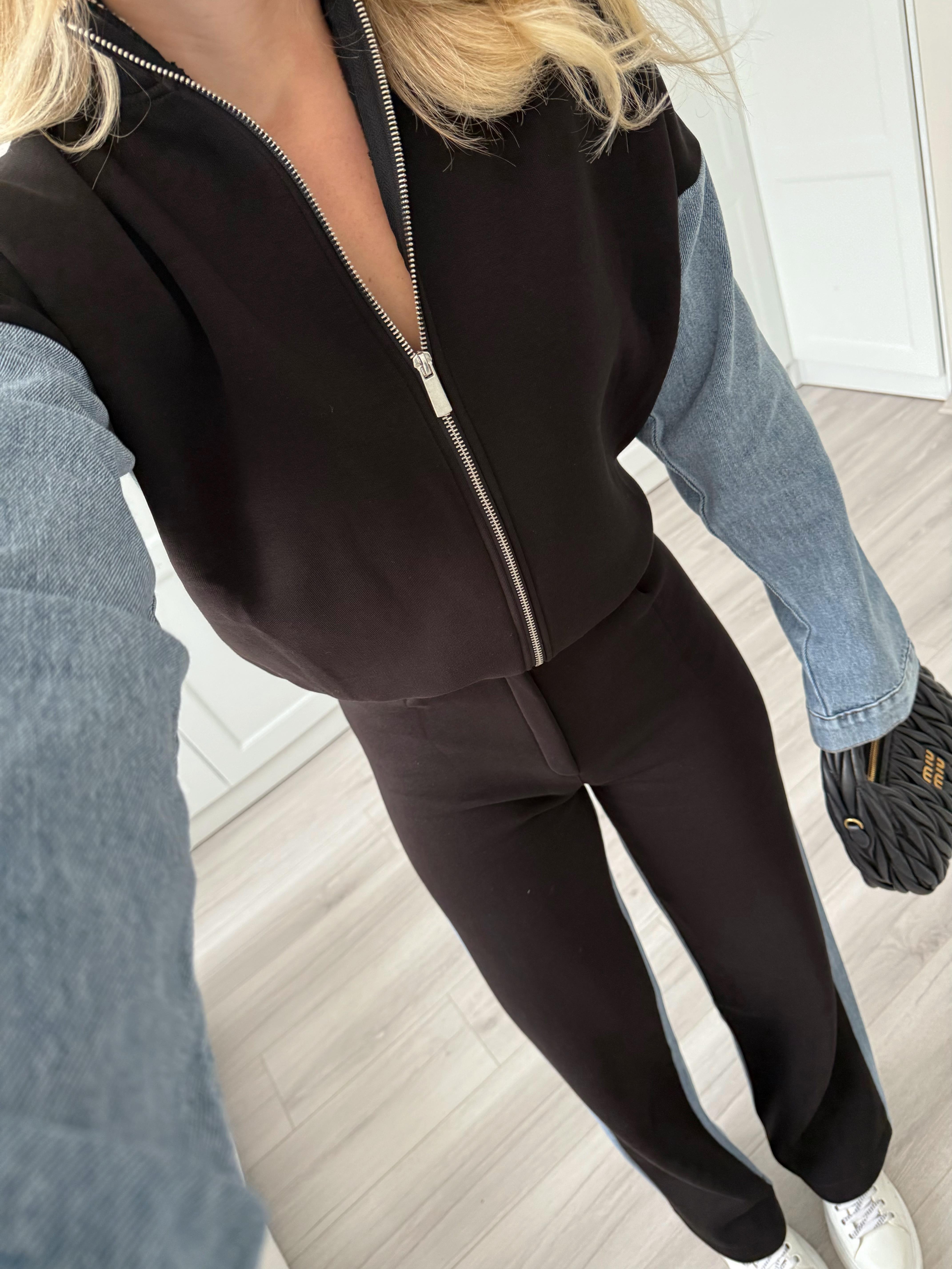 Denim Detaylı Siyah İkili Takım