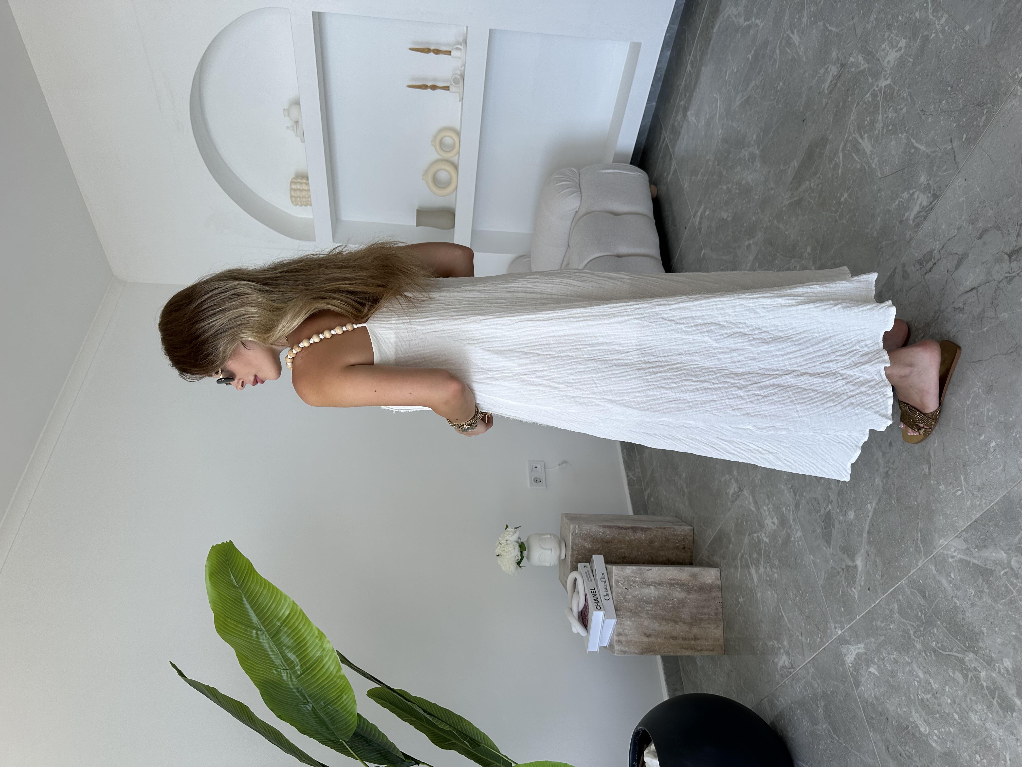 Ekru Boncuk Askılı Müslin Elbise 