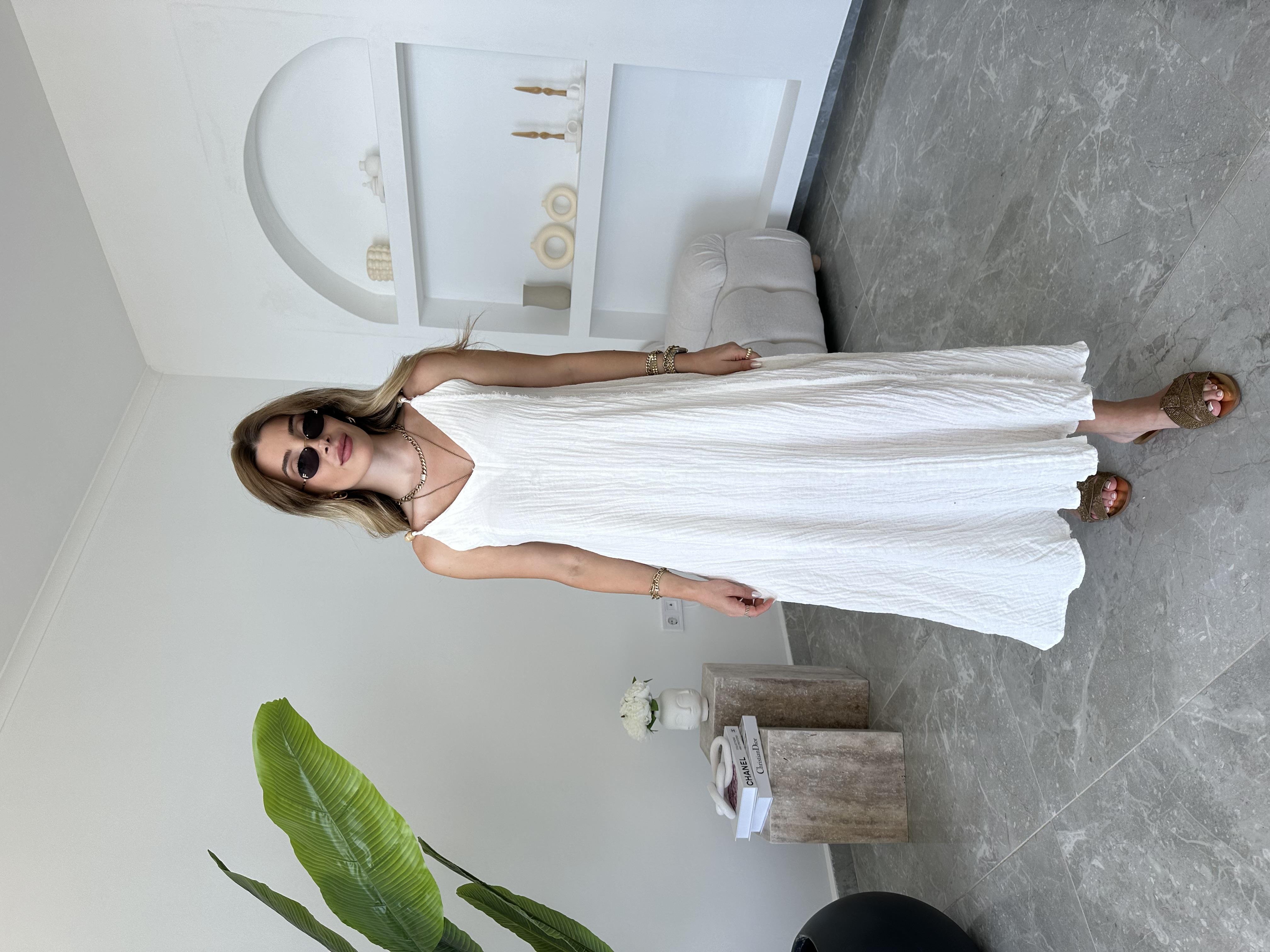 Ekru Boncuk Askılı Müslin Elbise 