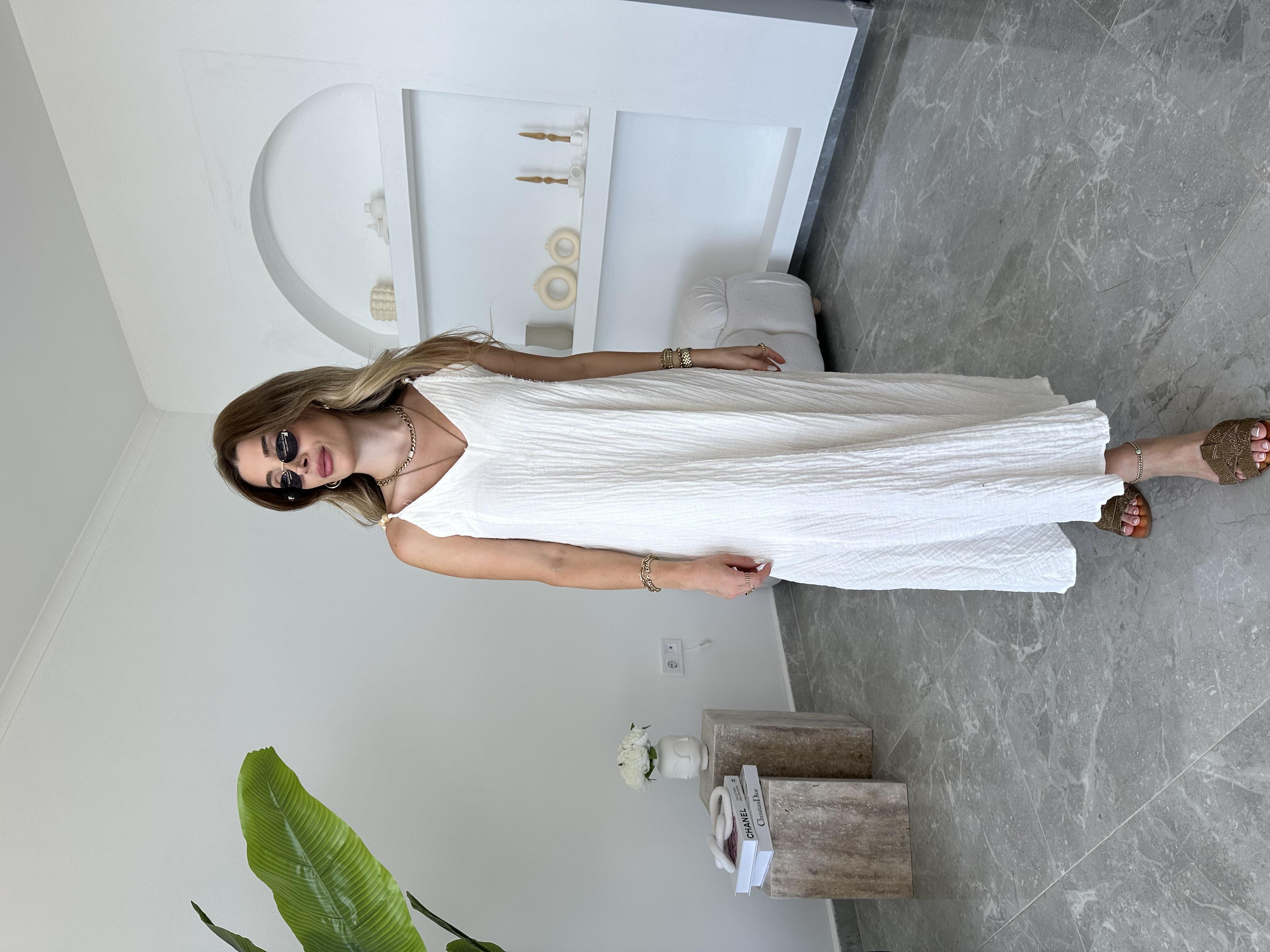 Ekru Boncuk Askılı Müslin Elbise 