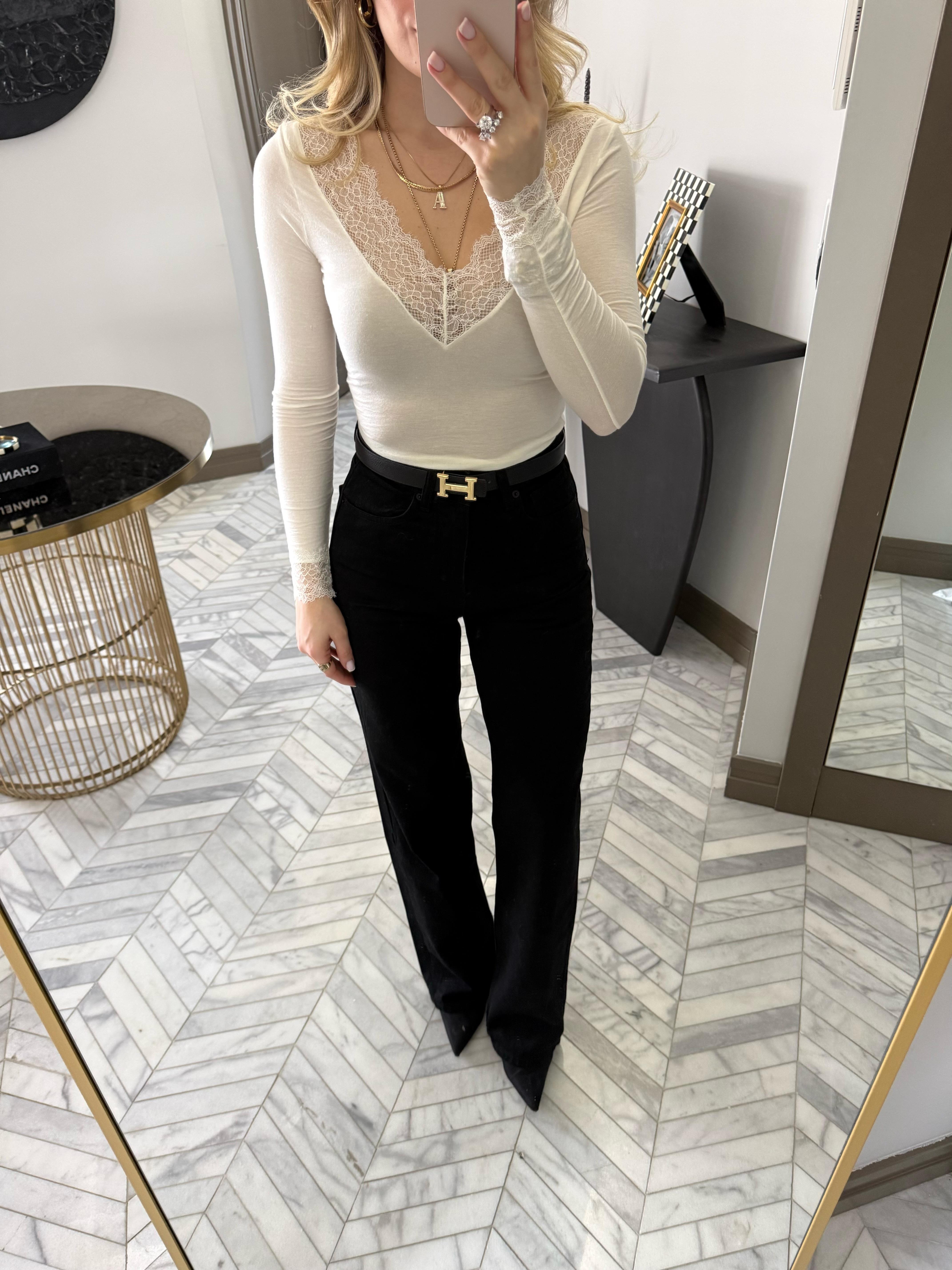 Ekru Dantelli Kaşmir Transparan Bluz-32311