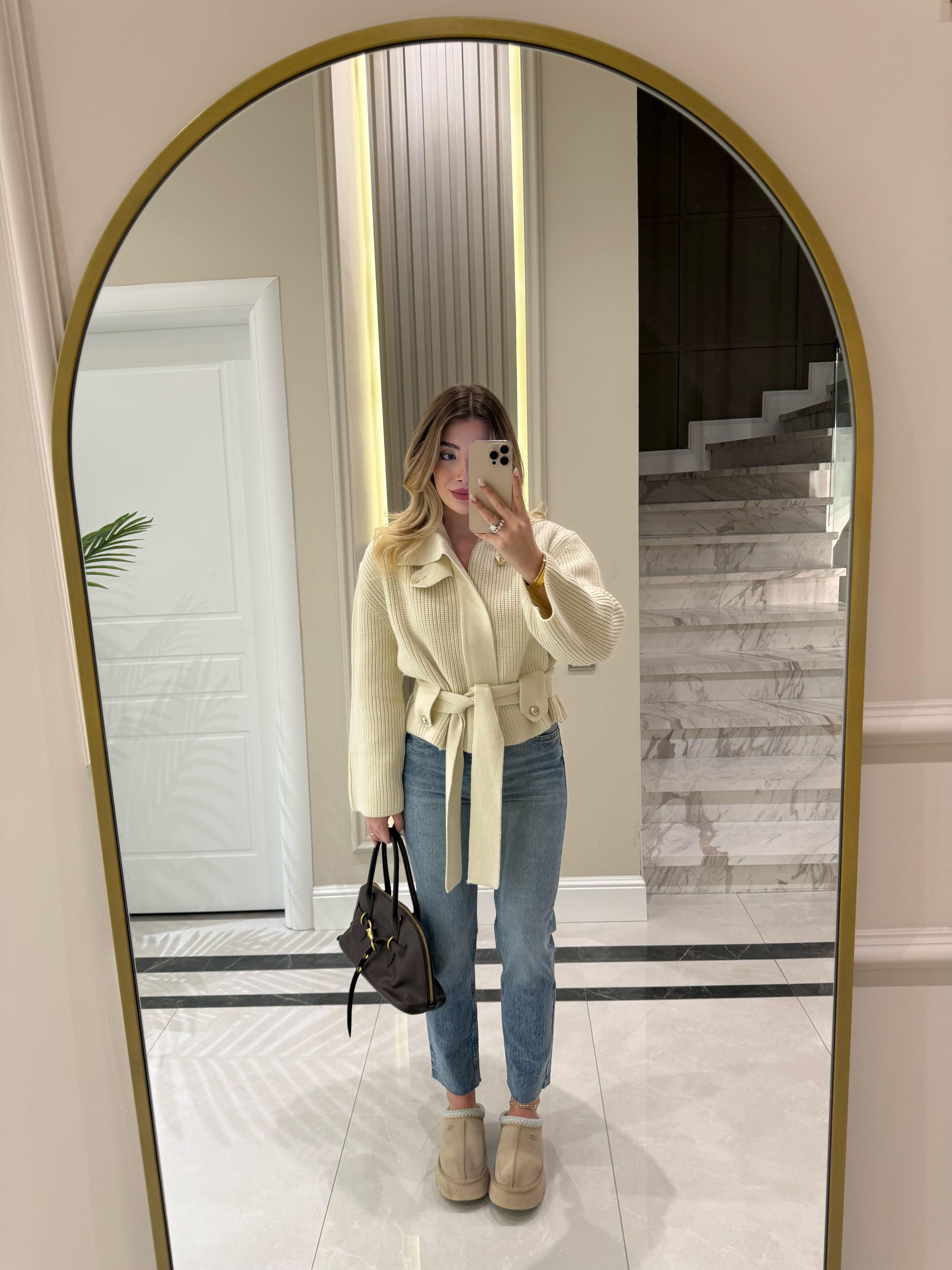 Ekru Fermuarlı Kemerli Düğmeli Yünlü Triko Hırka -60988