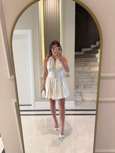 Ekru  Gold Düğmeli  Mini Elbise