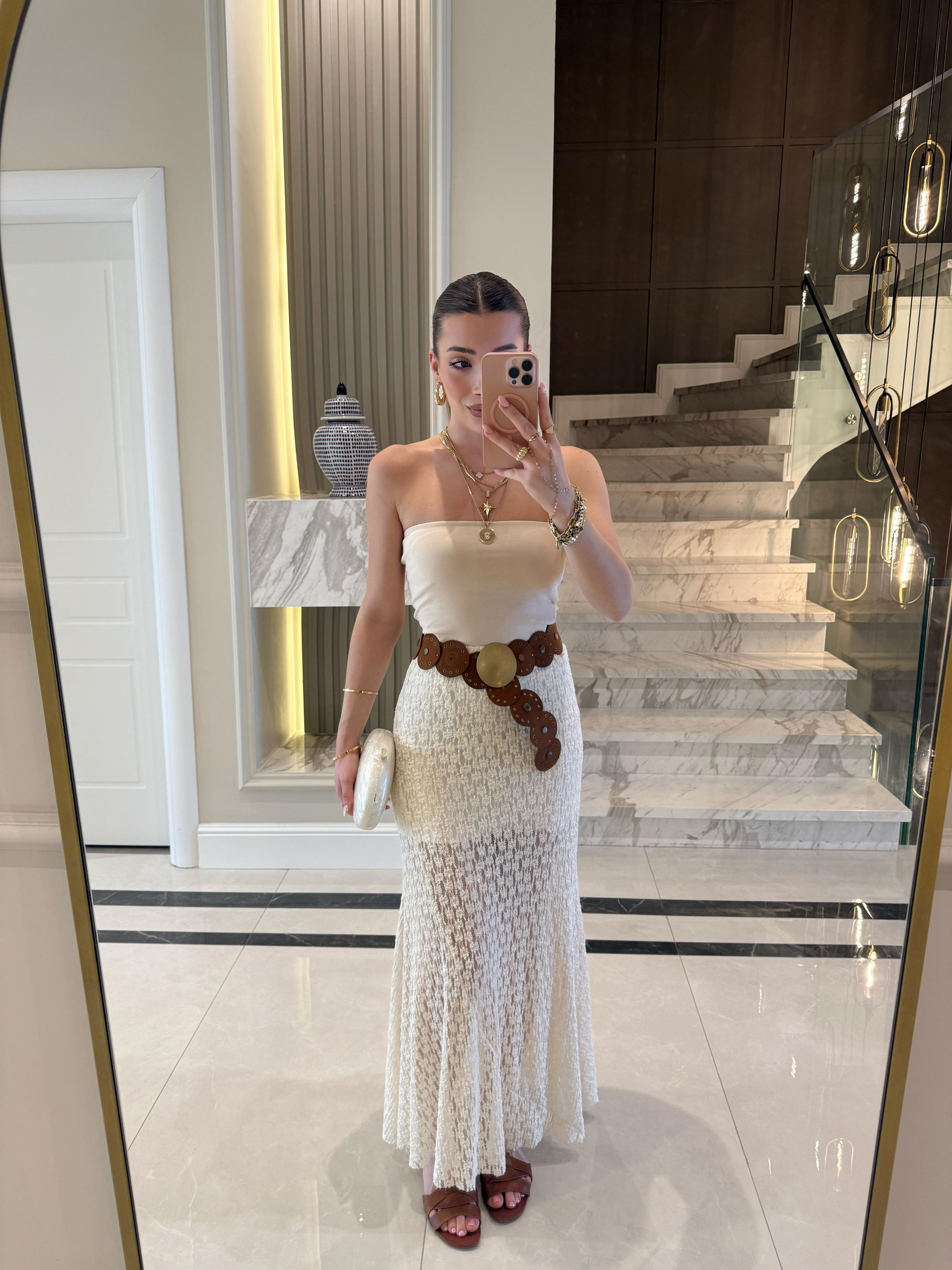 Ekru New Keidy Brode Midi Boy  Etek