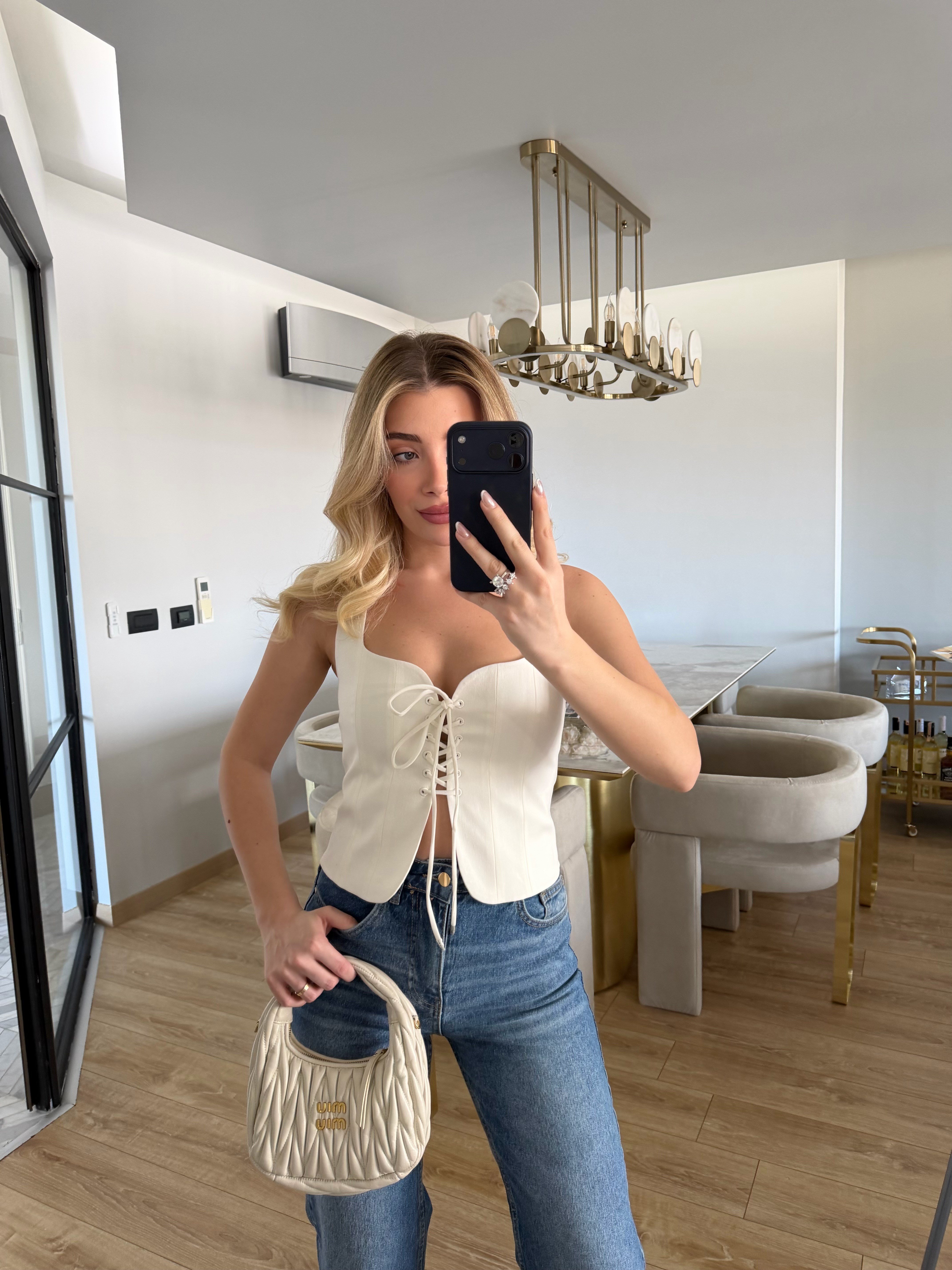 Ekru Önü İpli Korse Bluz-3220