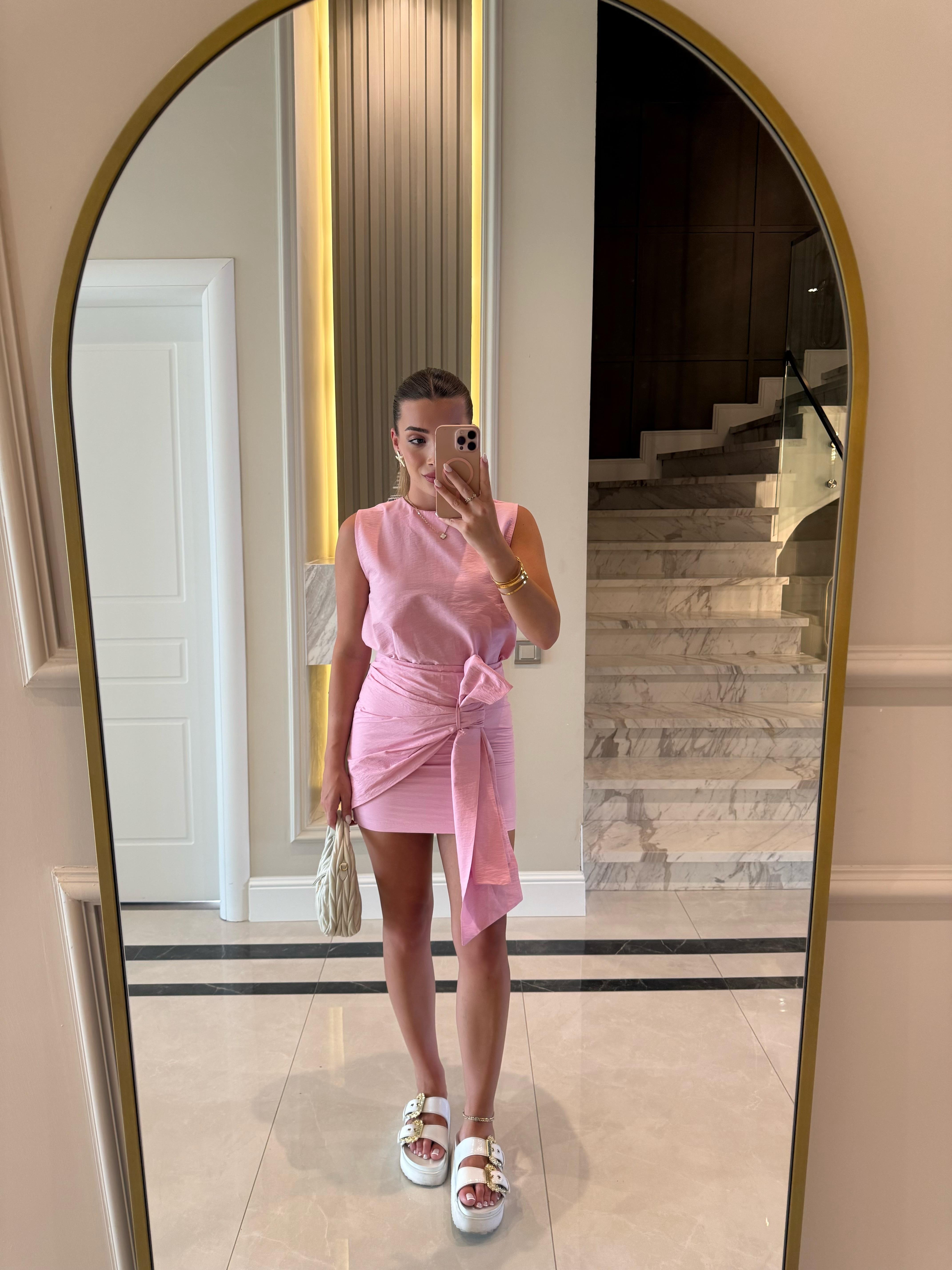 Fiyonk Detaylı Etekli İkili Takım-Pembe