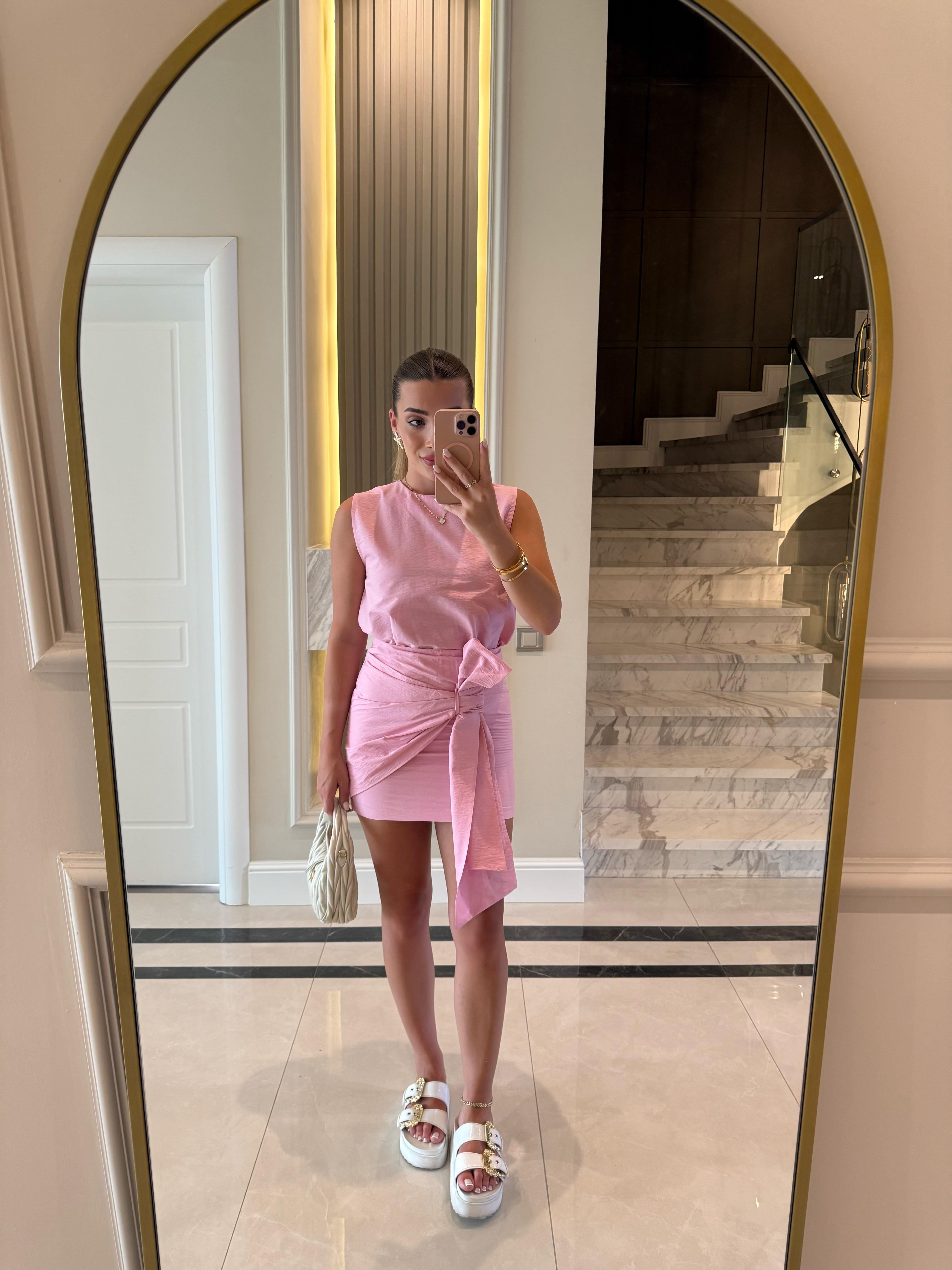 Fiyonk Detaylı Etekli İkili Takım-Pembe