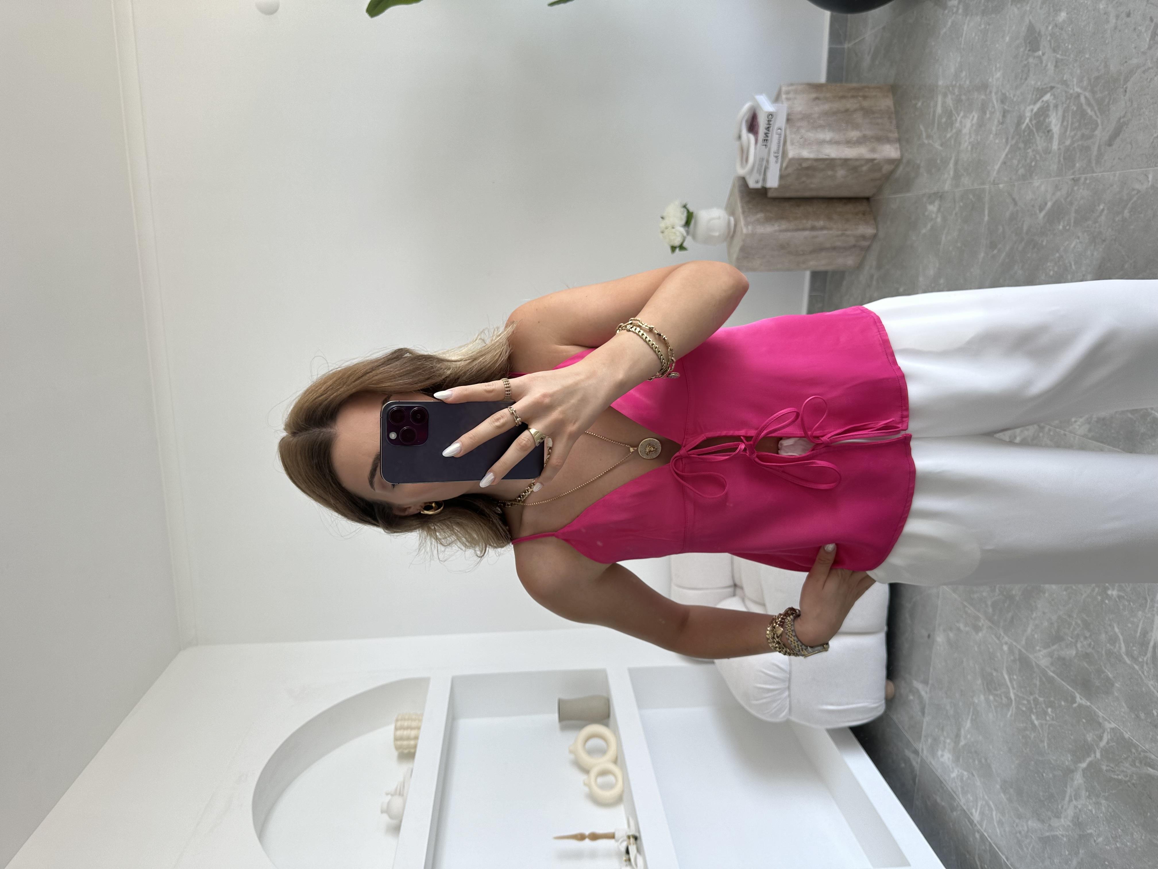 Fuşya Saten Marka Model Askılı Bluz