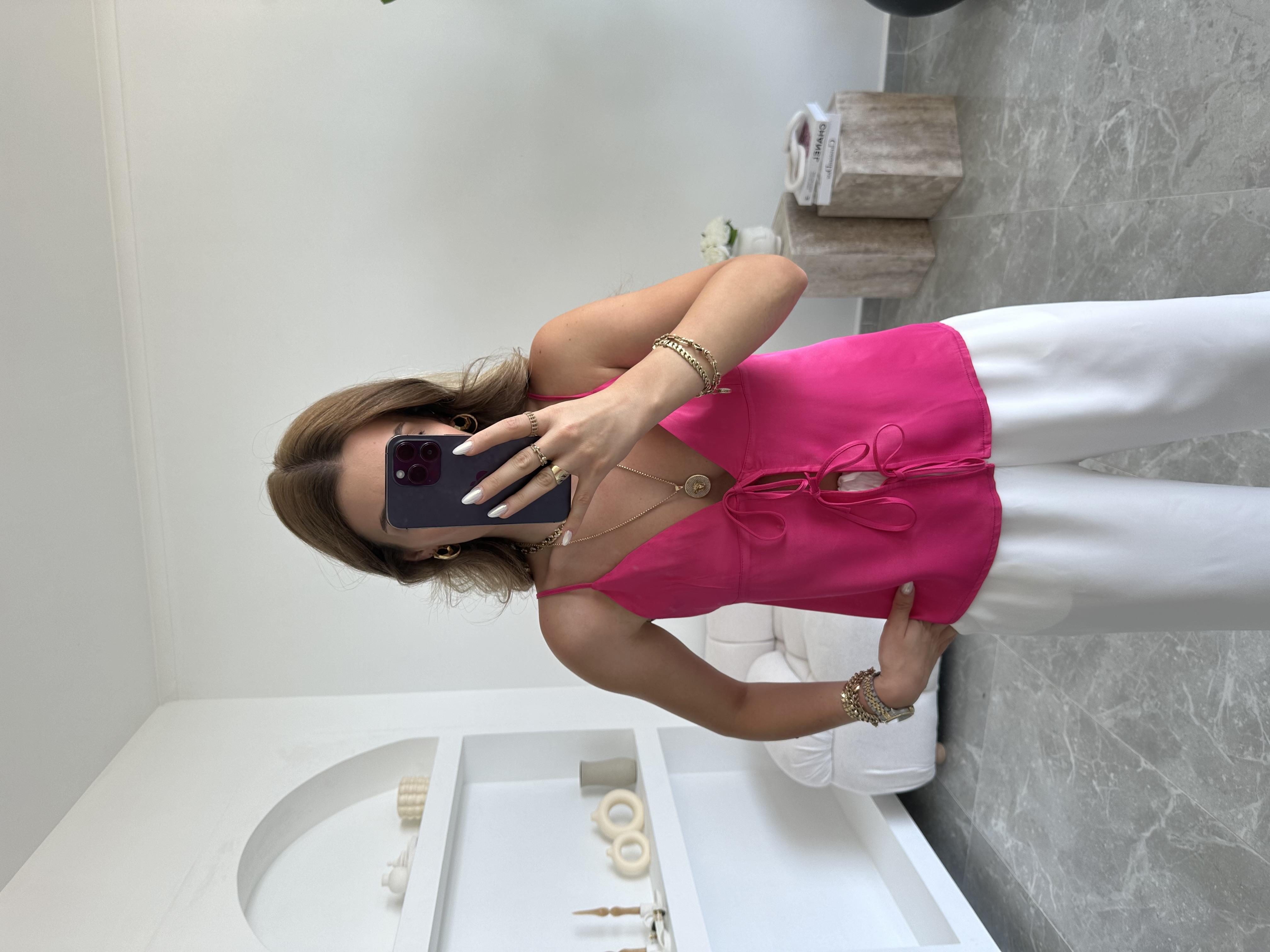 Fuşya Saten Marka Model Askılı Bluz