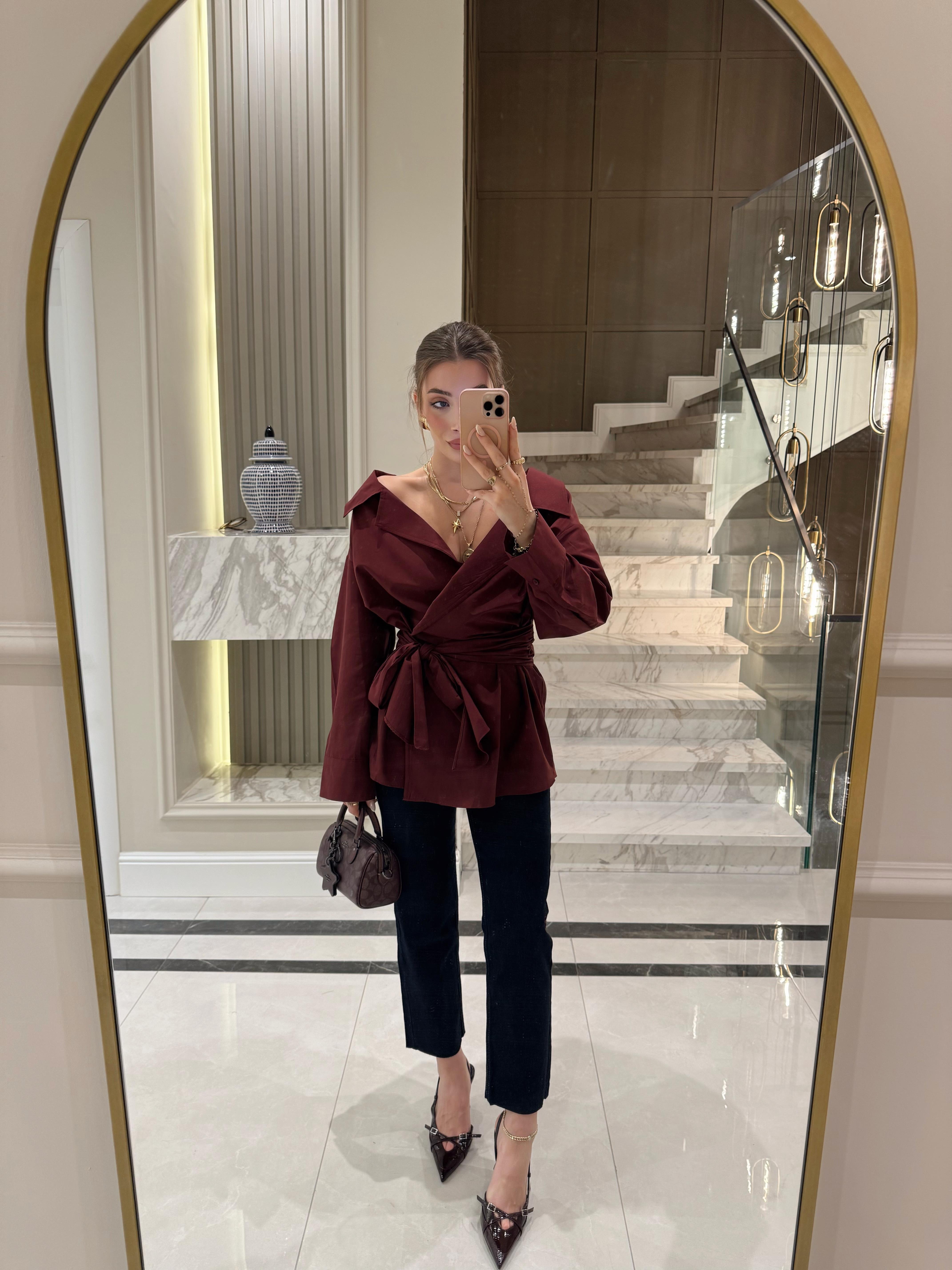 FW- Bordo Önü Bağlamalı Poplin Gömlek