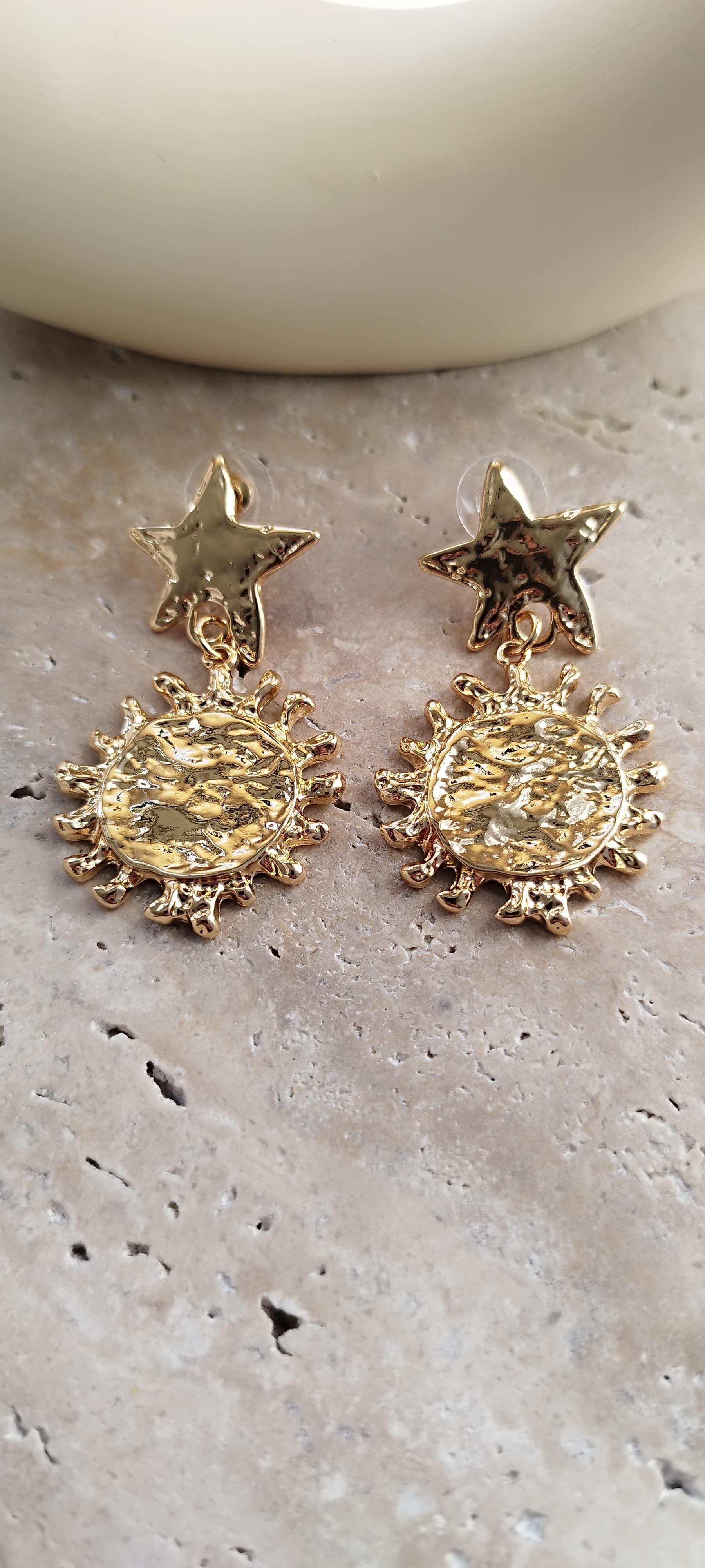 Gold Güneş-Yıldız Kombin Küpe 