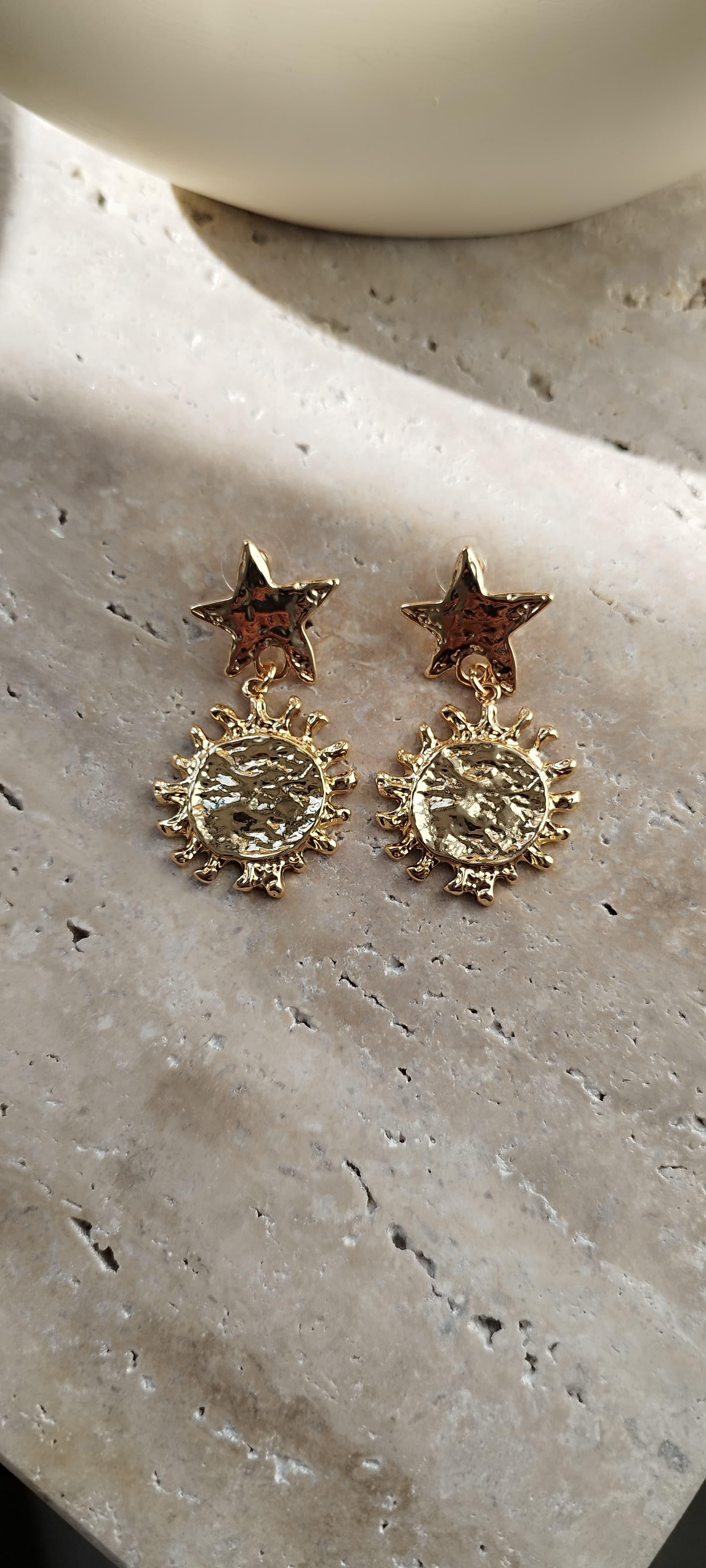 Gold Güneş-Yıldız Kombin Küpe 