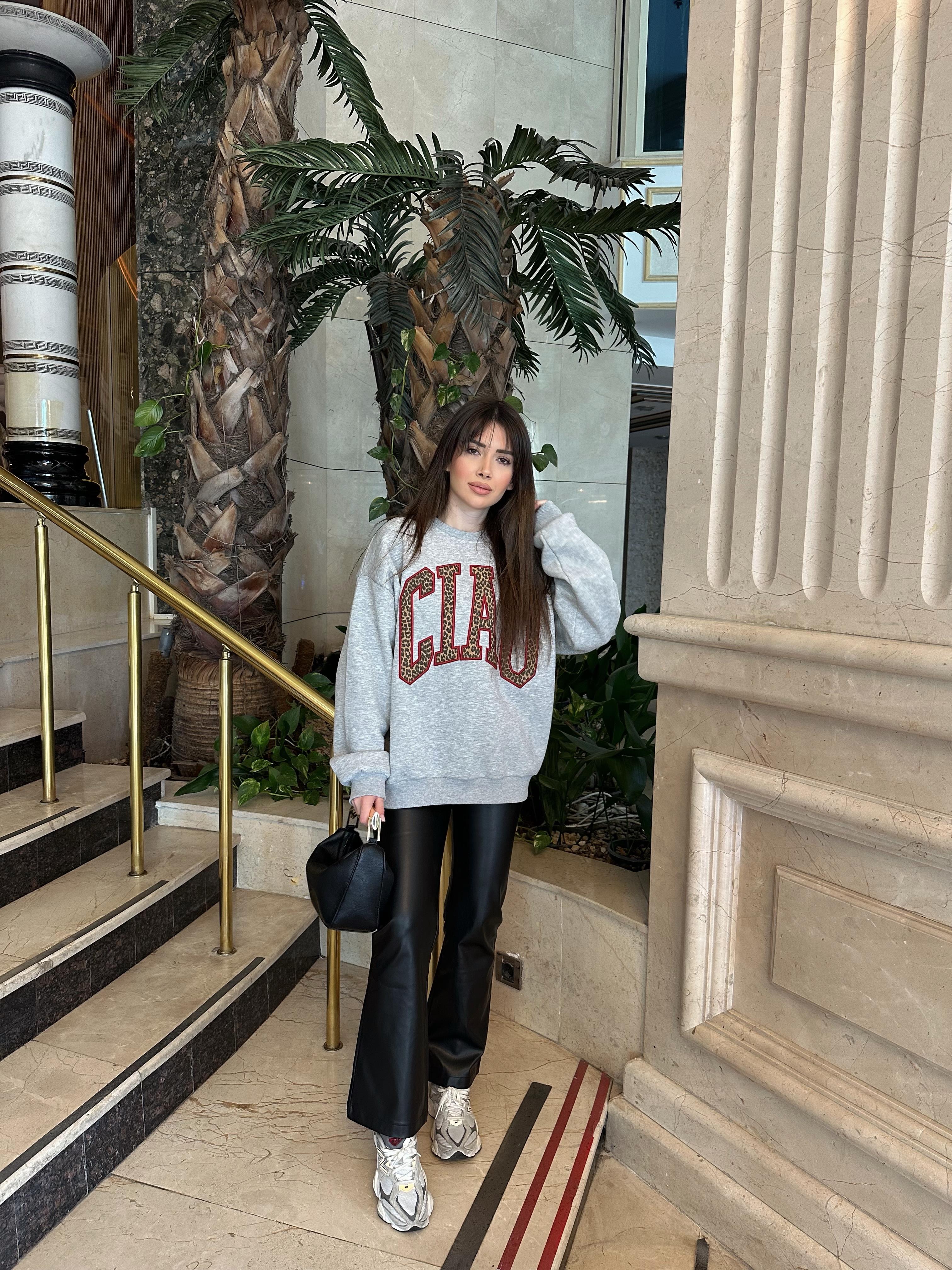 Gri CİAO Leopar Yazılı Sweatshirt