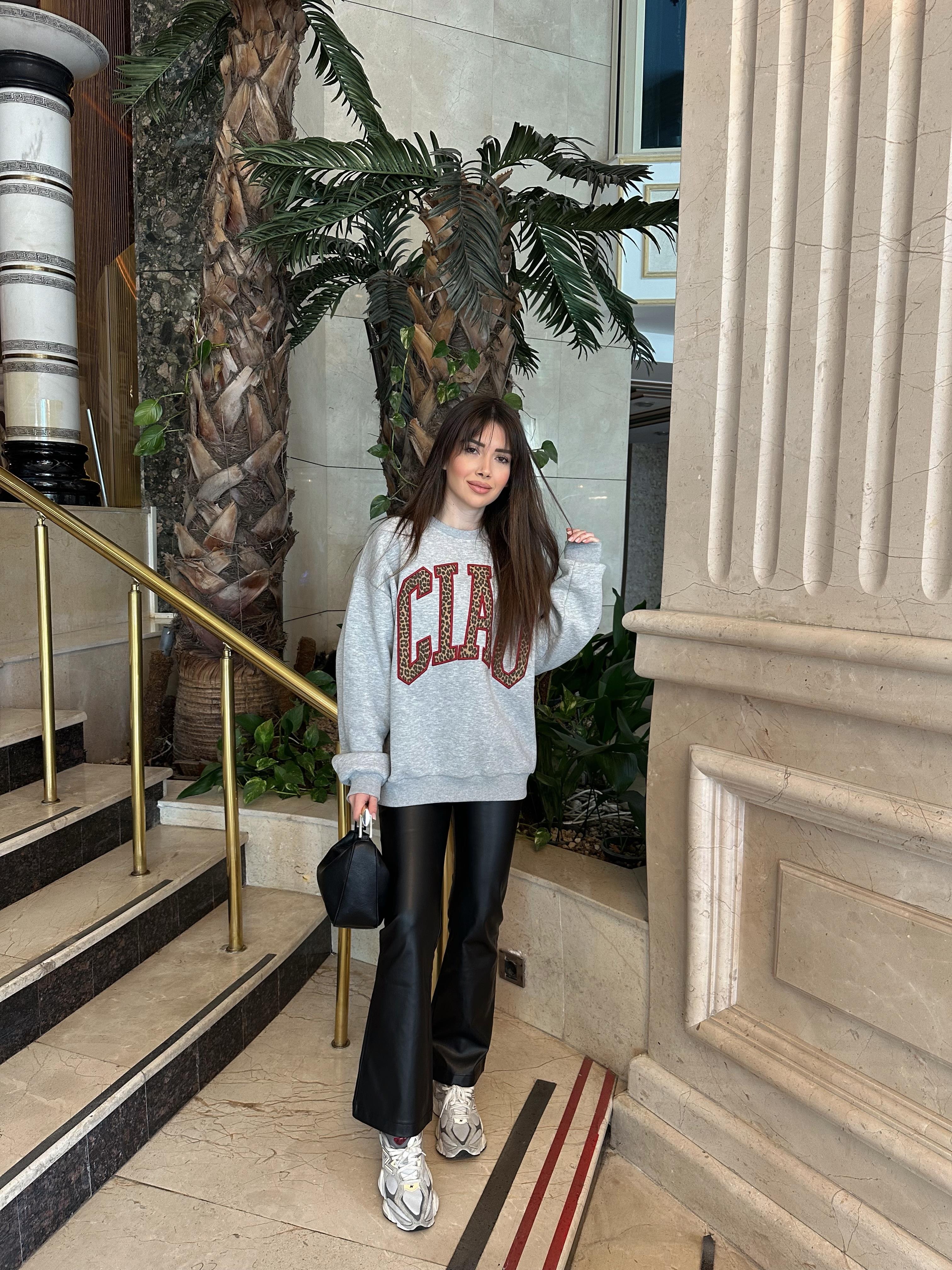 Gri CİAO Leopar Yazılı Sweatshirt