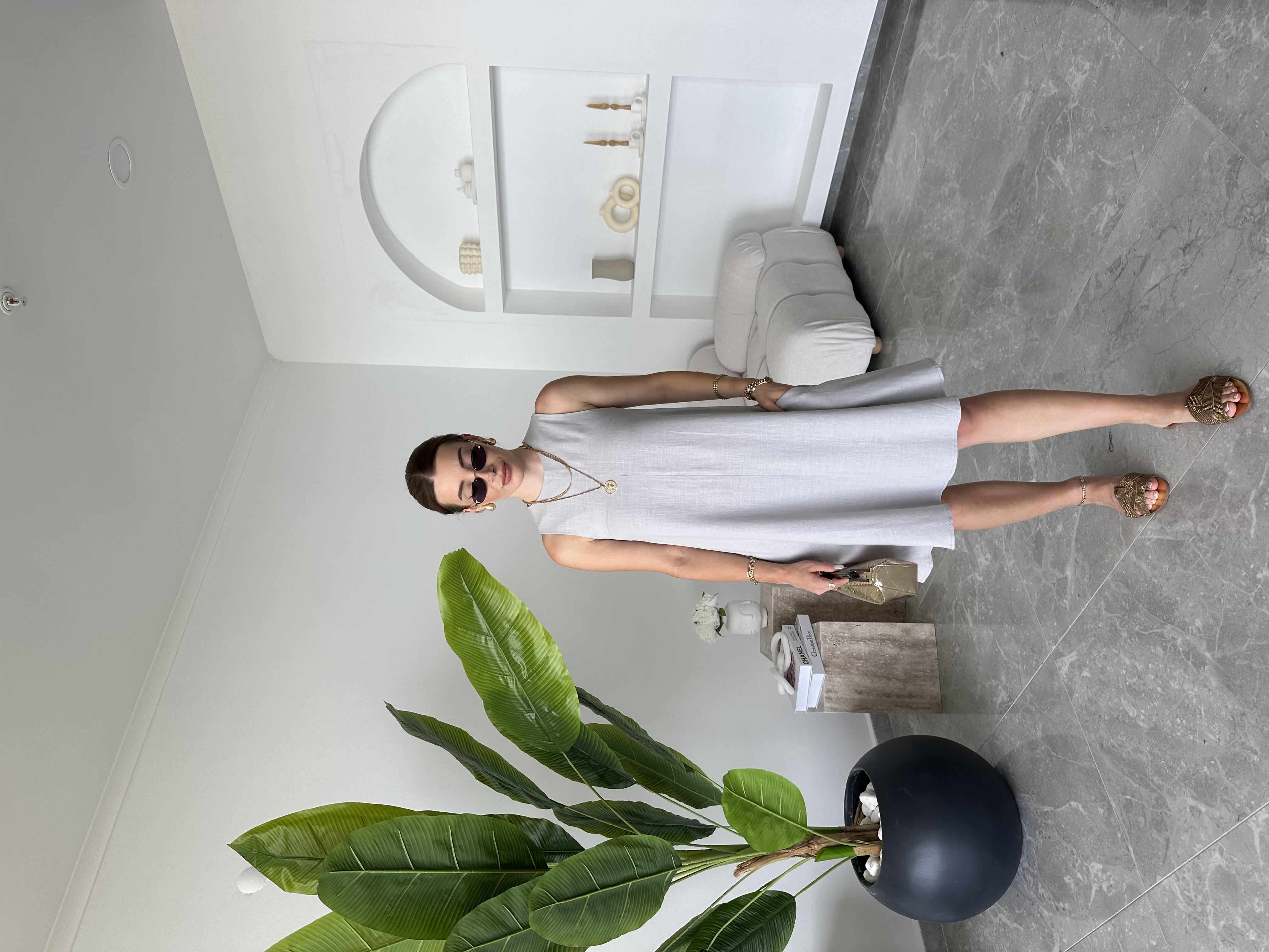 Gri Ham Keten Sıfır Kol Elbise