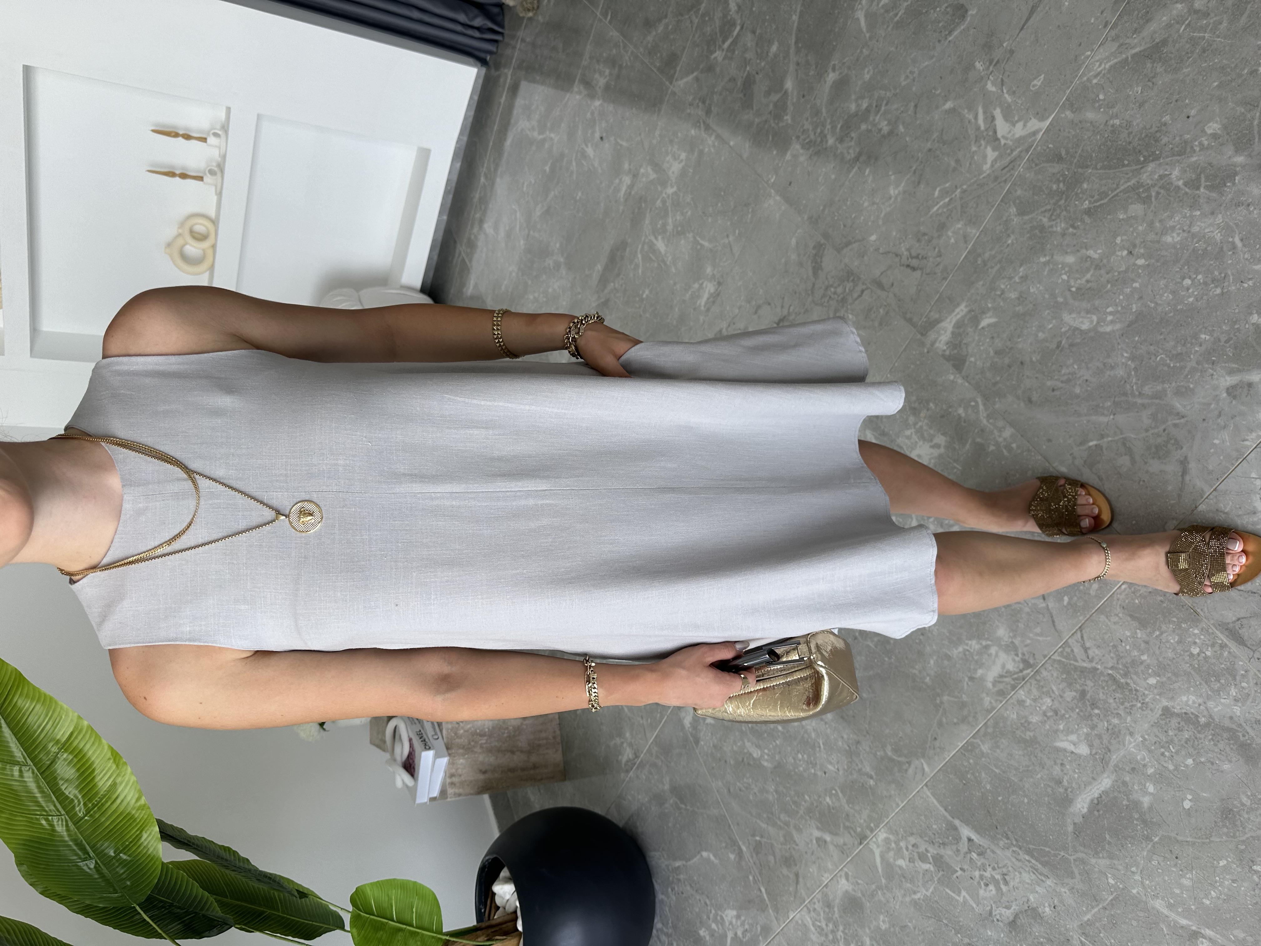 Gri Ham Keten Sıfır Kol Elbise