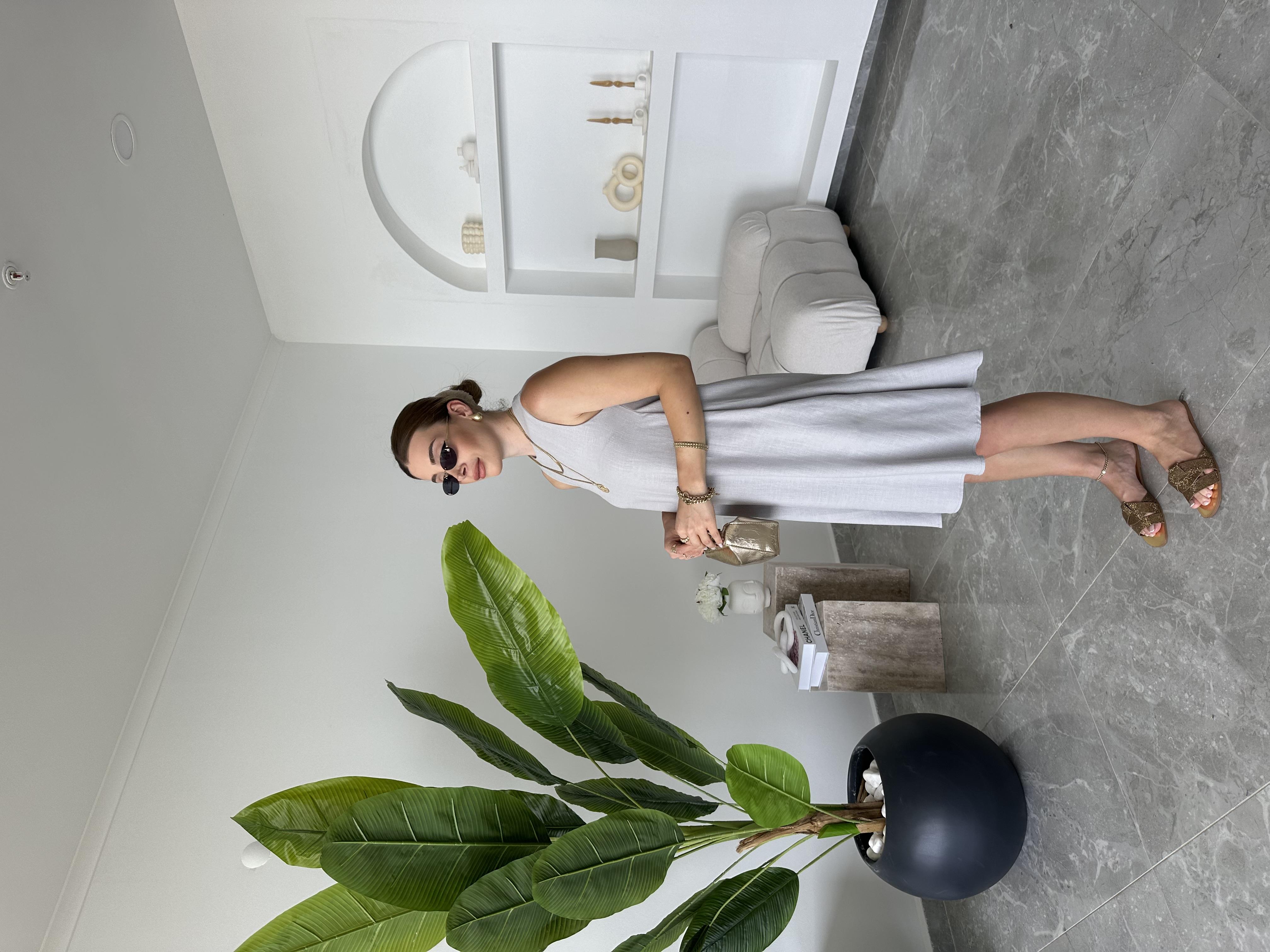 Gri Ham Keten Sıfır Kol Elbise