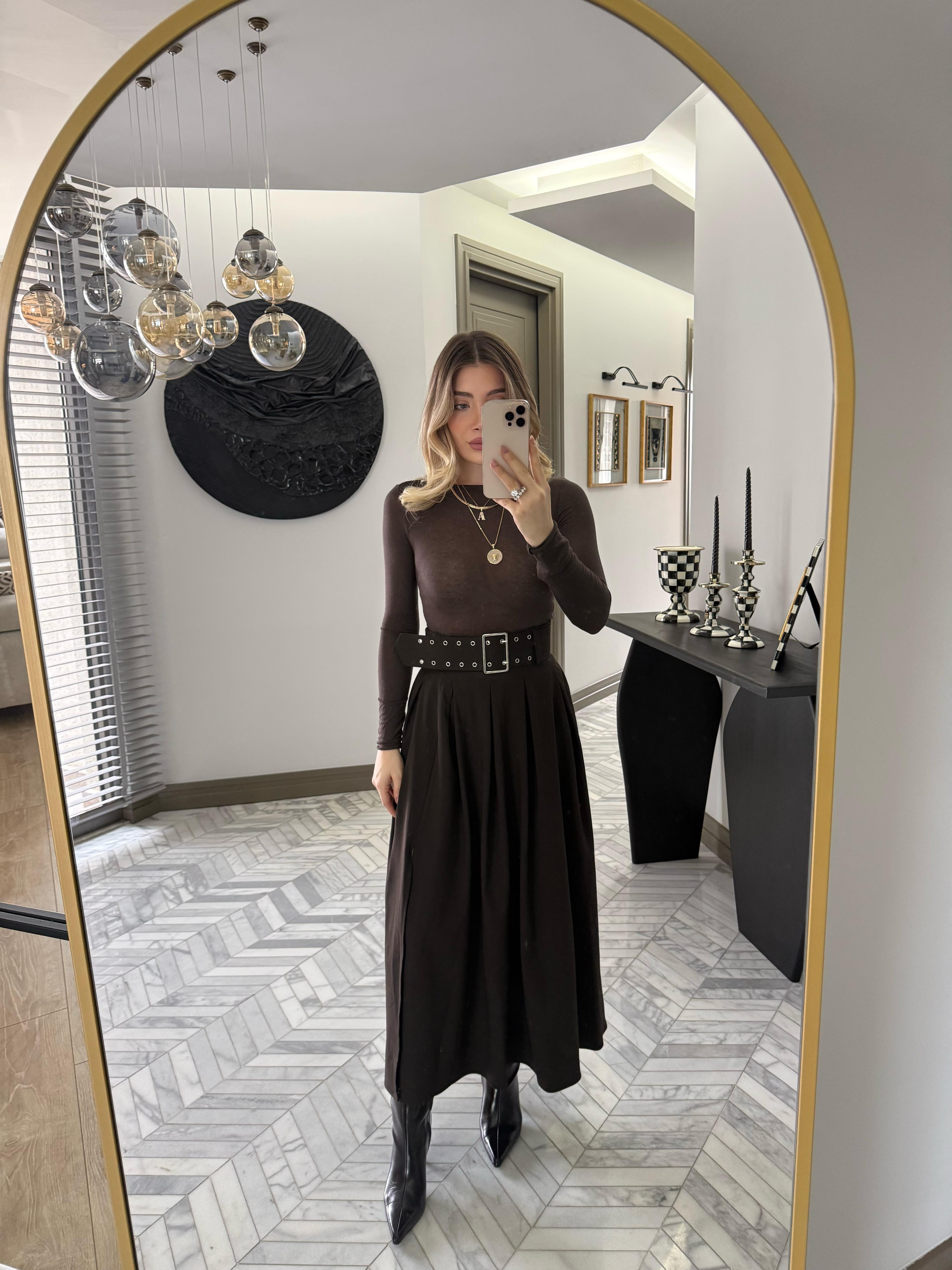 Kahverengi Pilikaşeli Maksi Boy Etek-0392