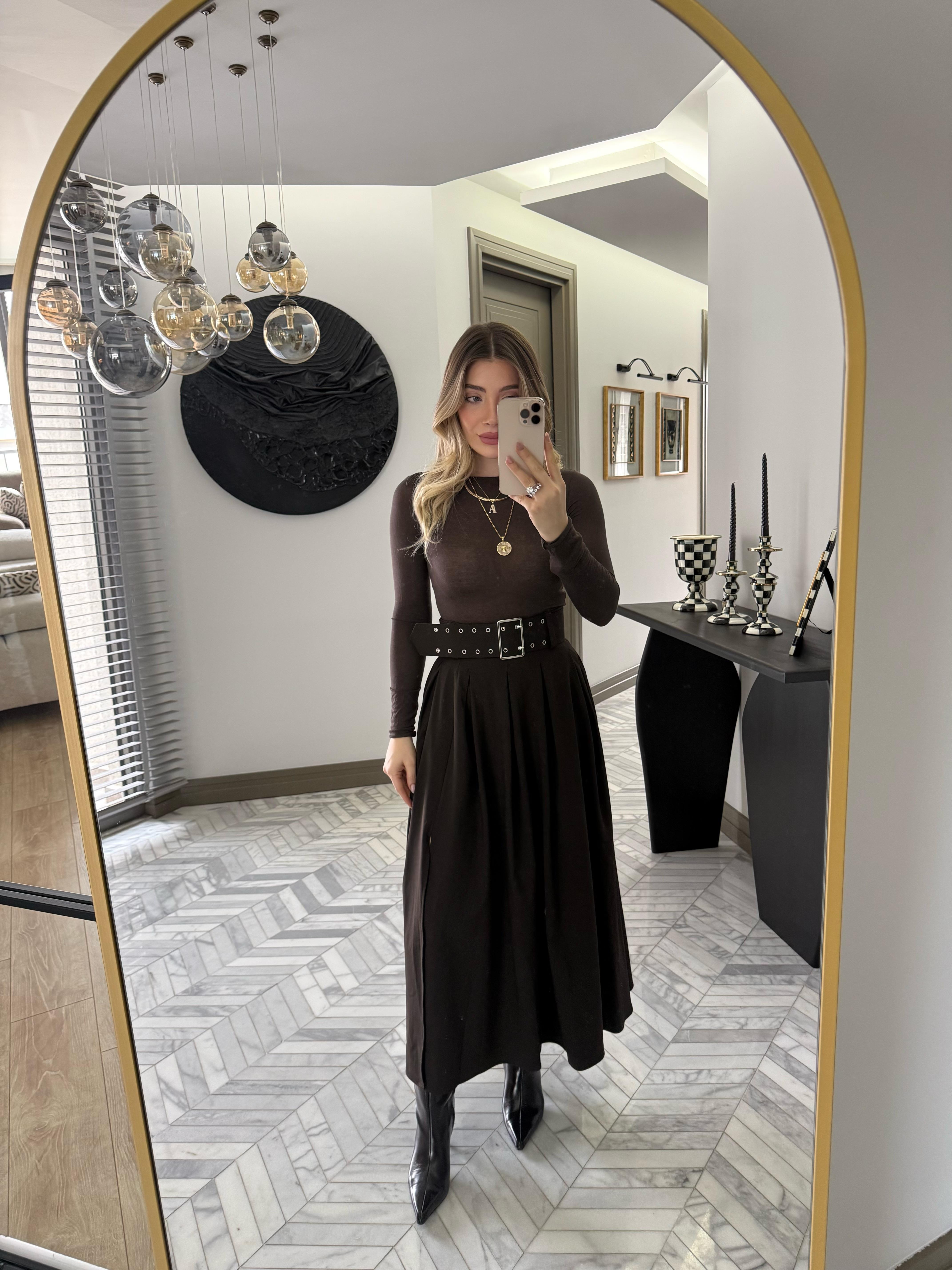 Kahverengi Pilikaşeli Maksi Boy Etek-0392