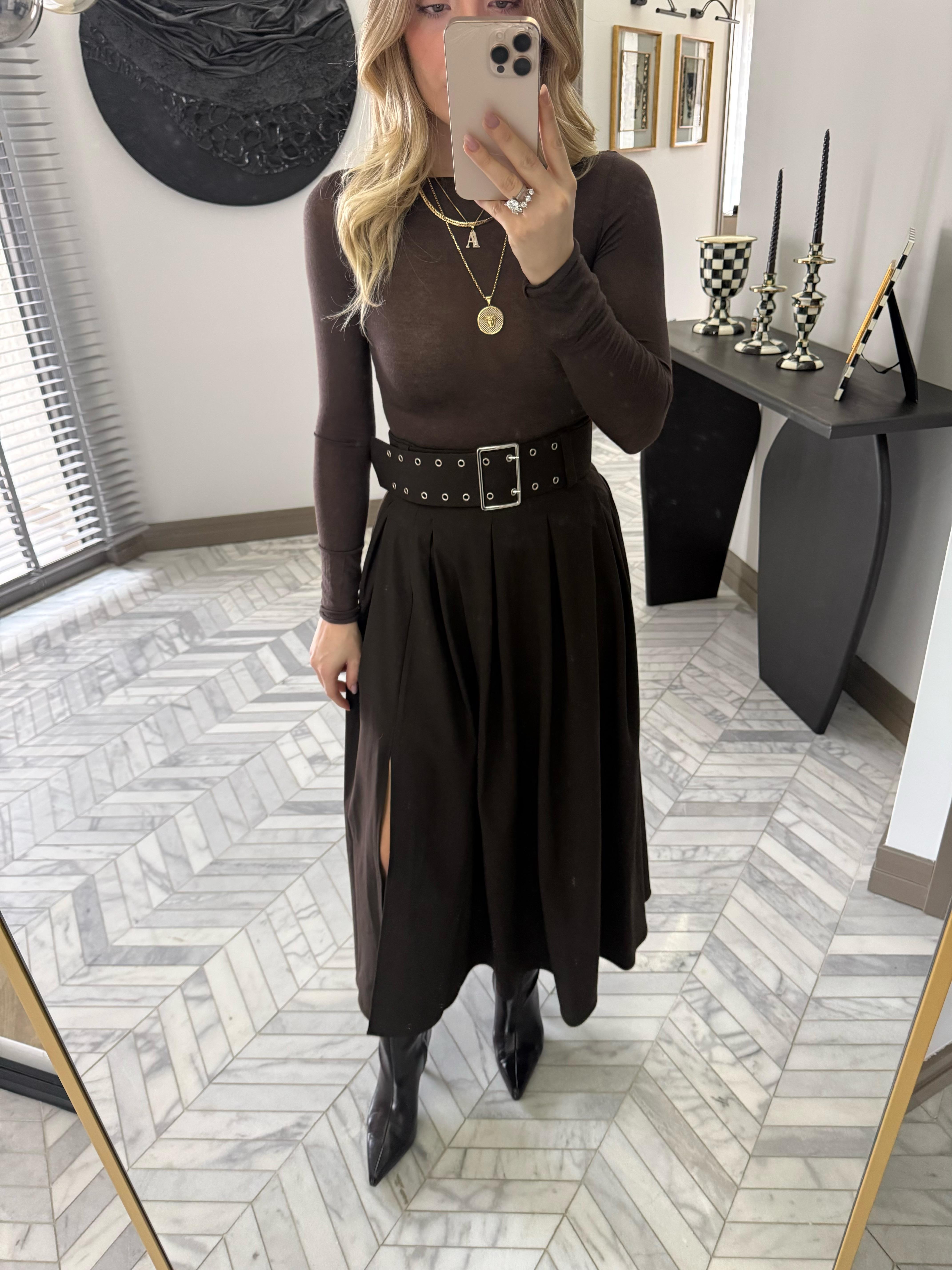 Kahverengi Pilikaşeli Maksi Boy Etek-0392