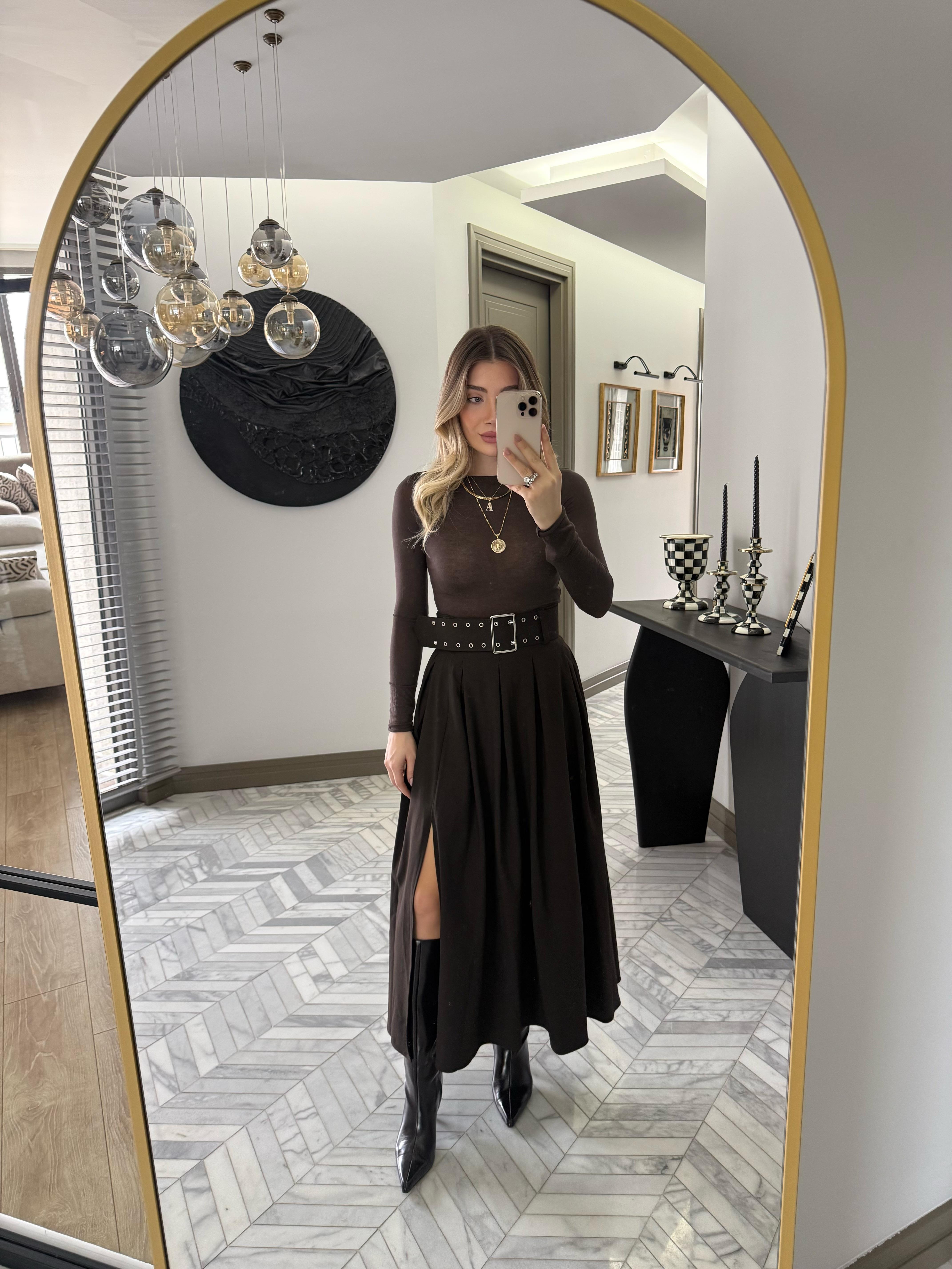 Kahverengi Pilikaşeli Maksi Boy Etek-0392