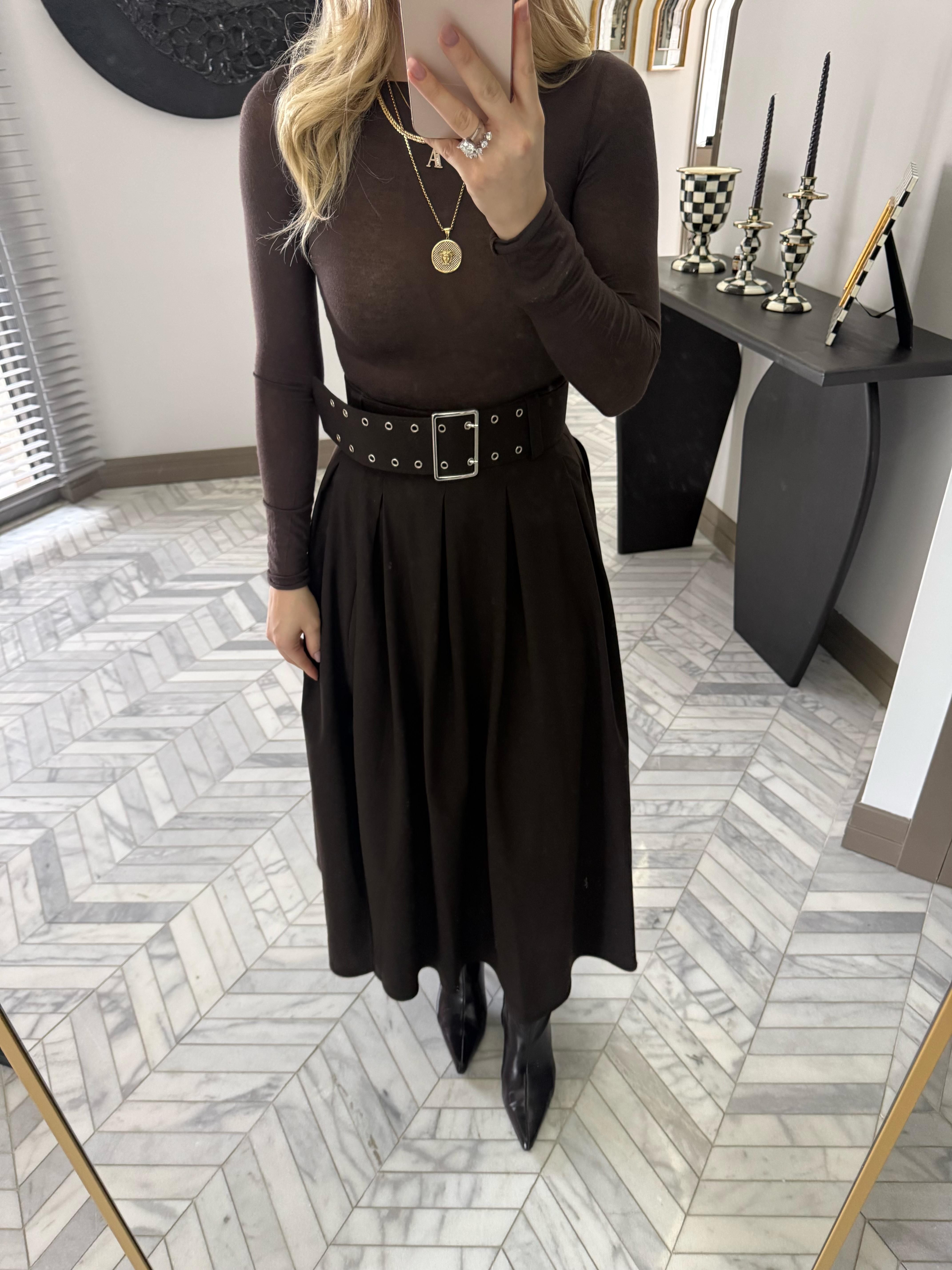 Kahverengi Pilikaşeli Maksi Boy Etek-0392