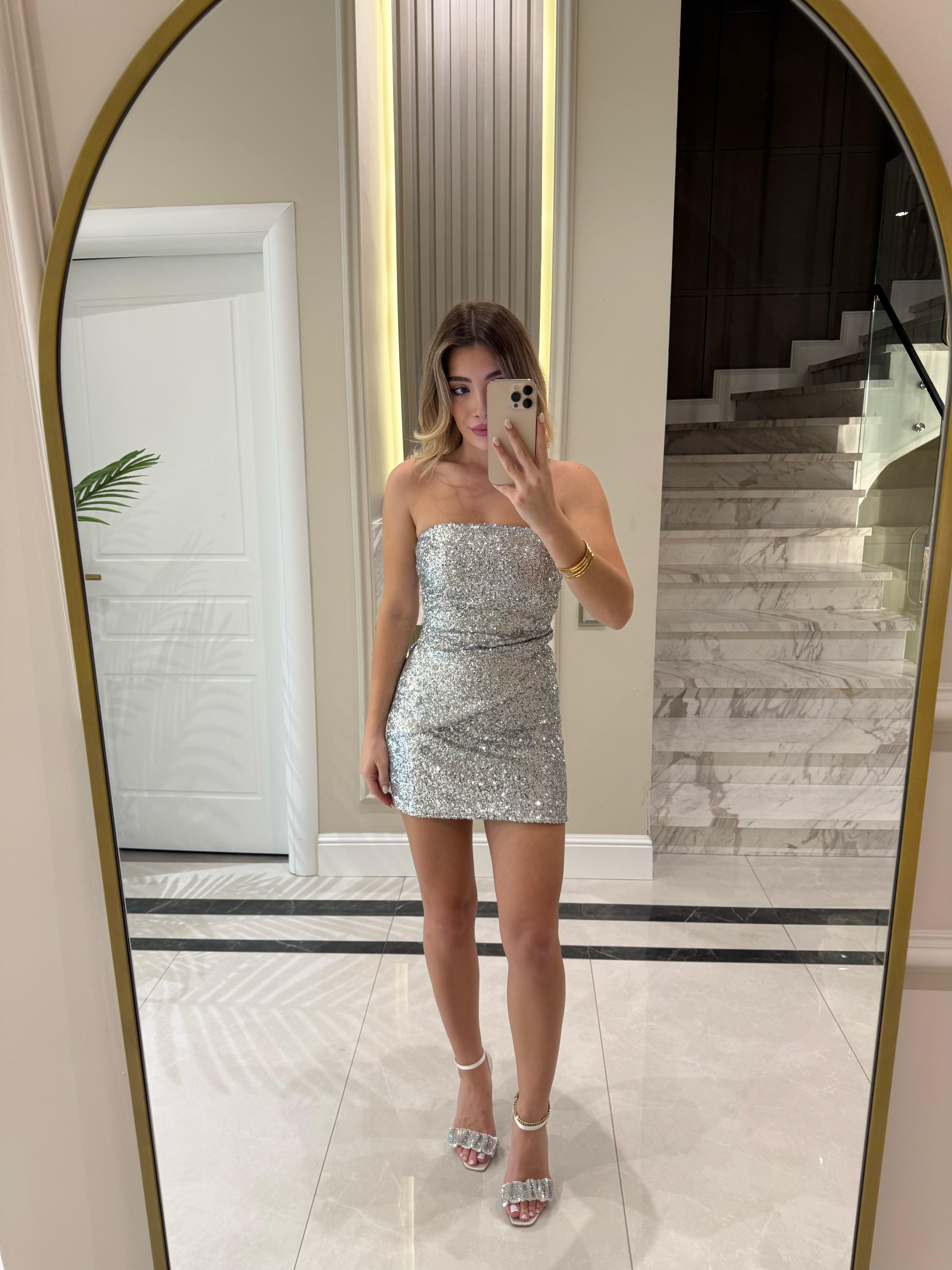 Gümüş Pul Payet Mini Etek-4579