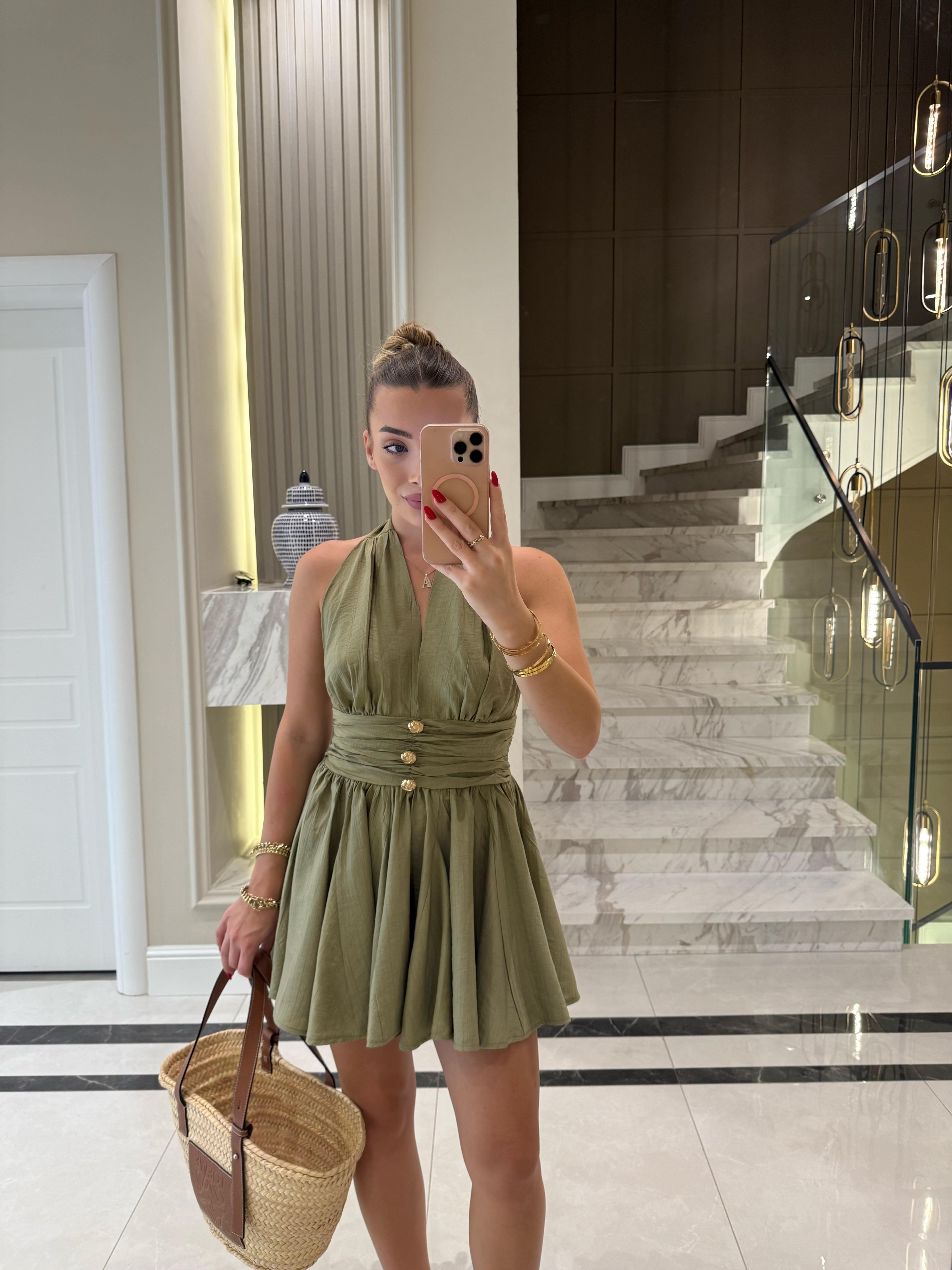 Haki Gold Düğmeli Ronse Mini Elbise