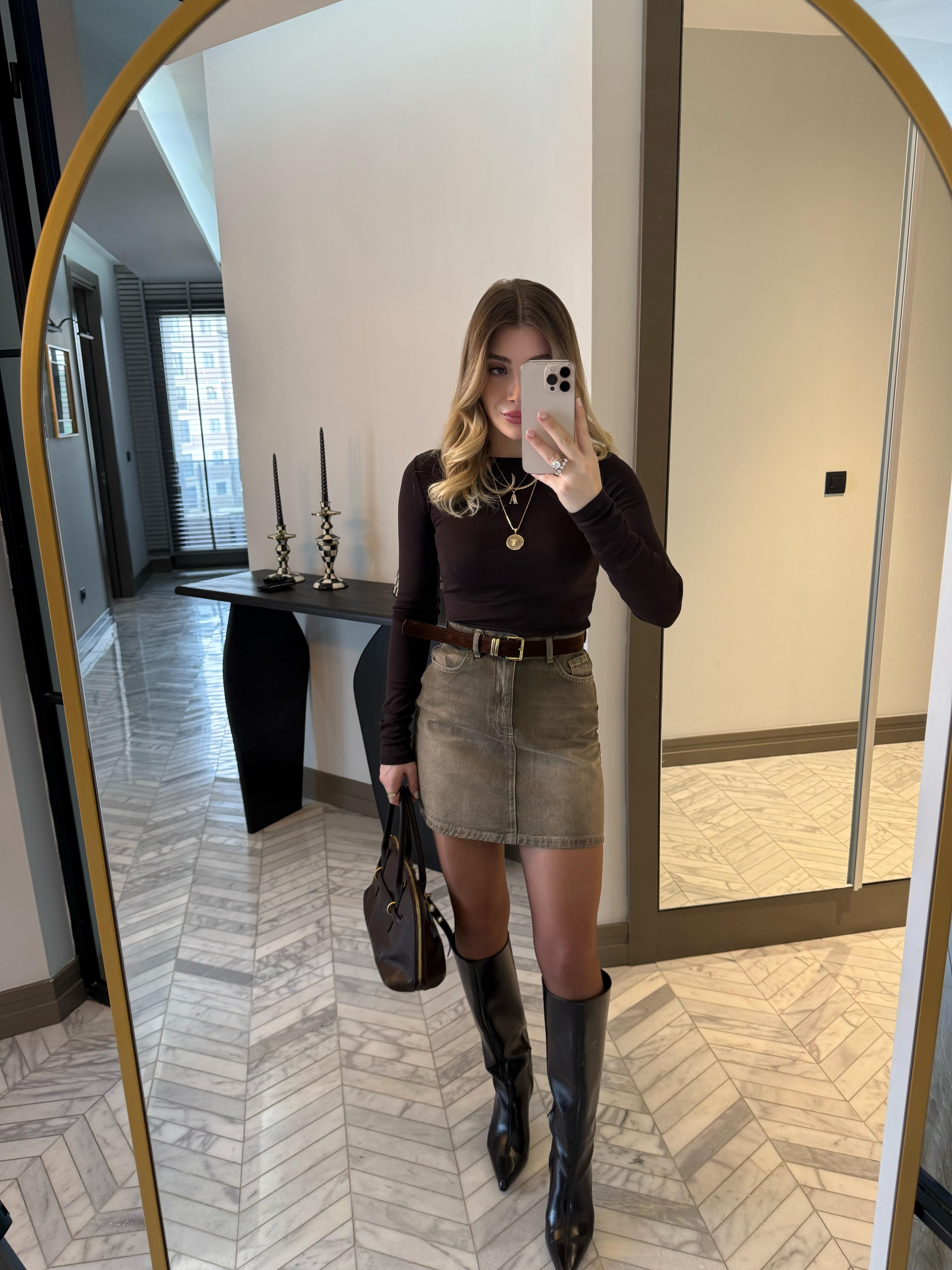 Haki Kemerli Denim Etek-1131