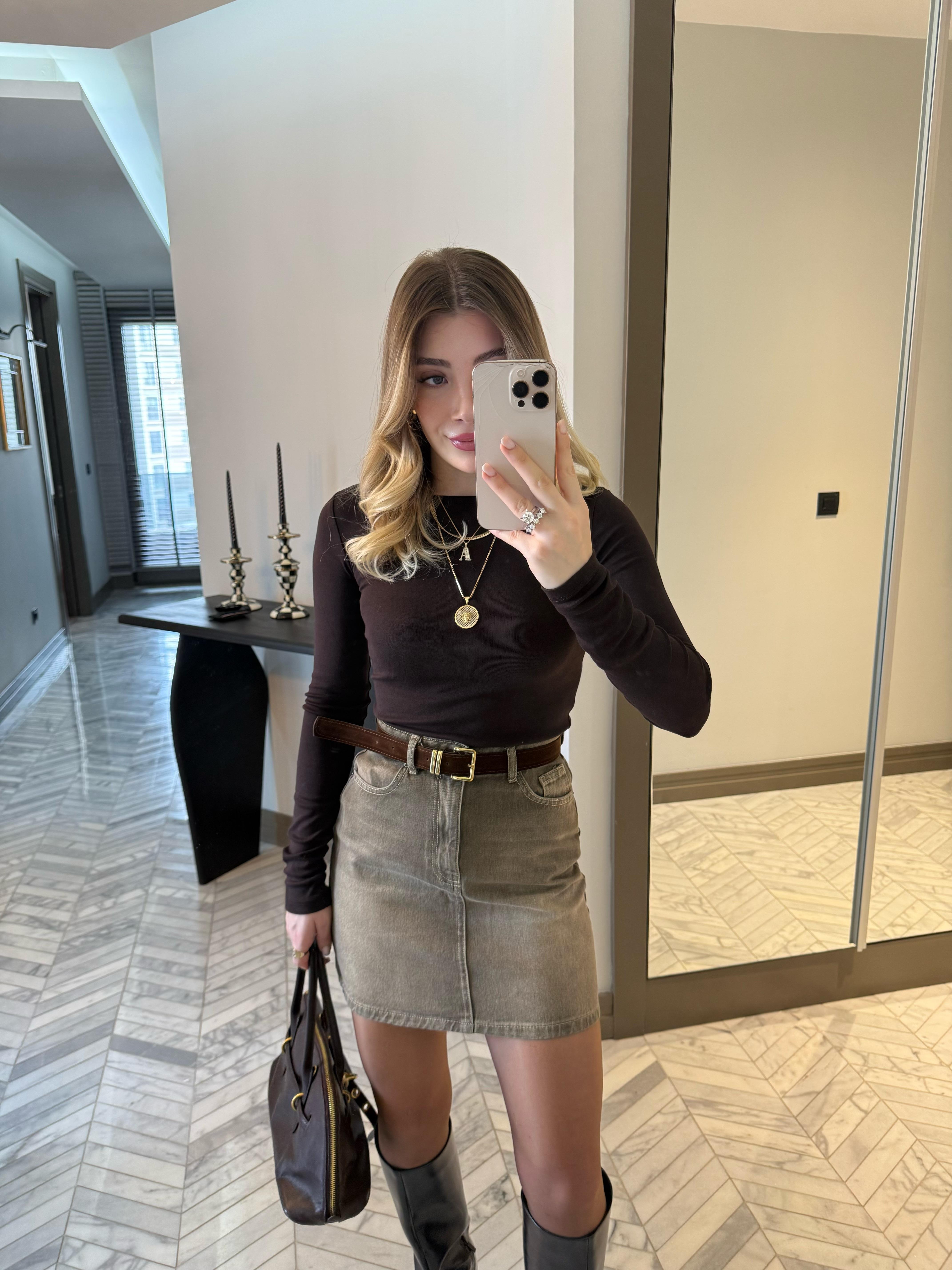 Haki Kemerli Denim Etek-1131