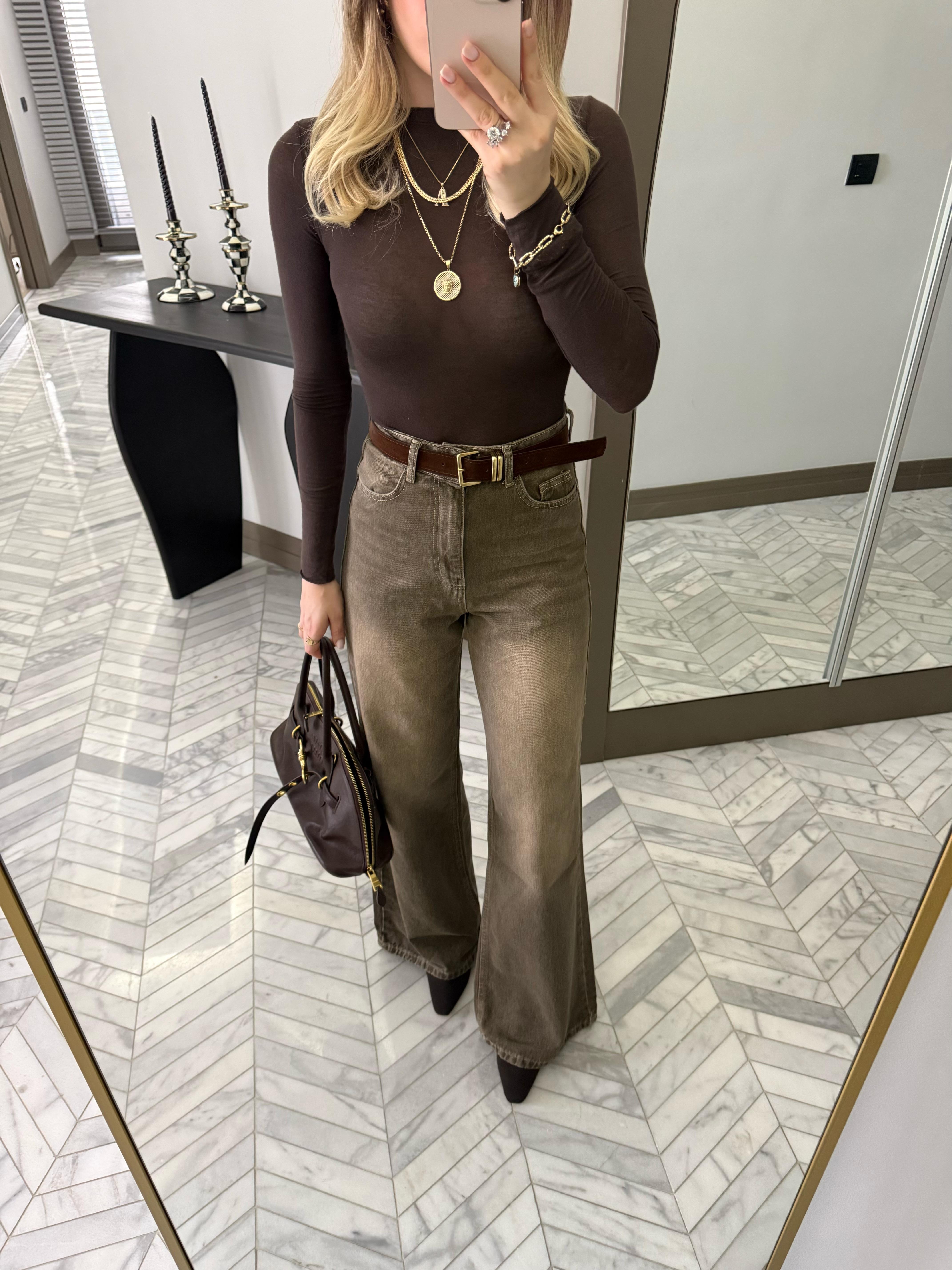Haki  Kemerli Denim Palazzo Jean-1021