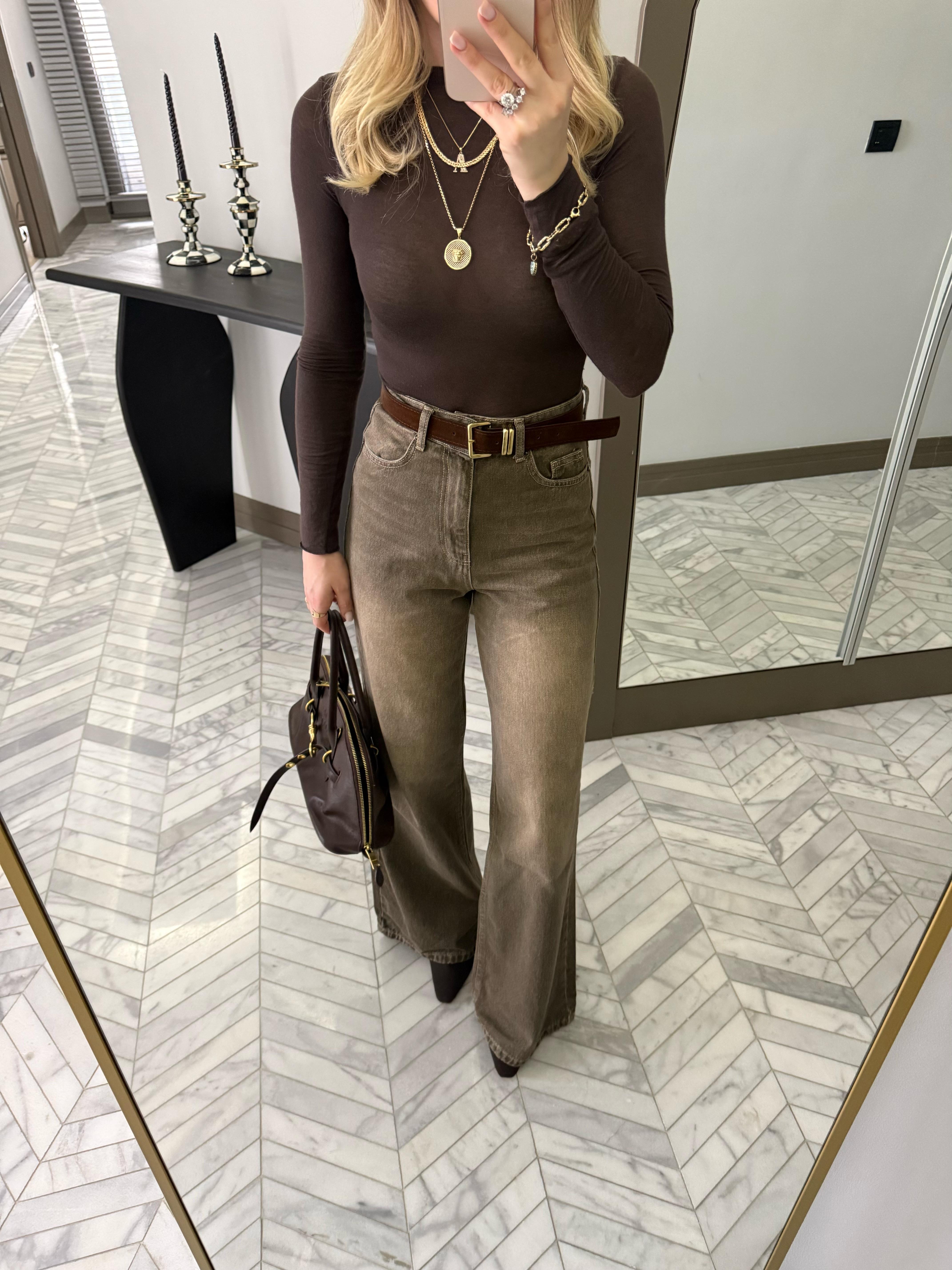 Haki  Kemerli Denim Palazzo Jean-1021
