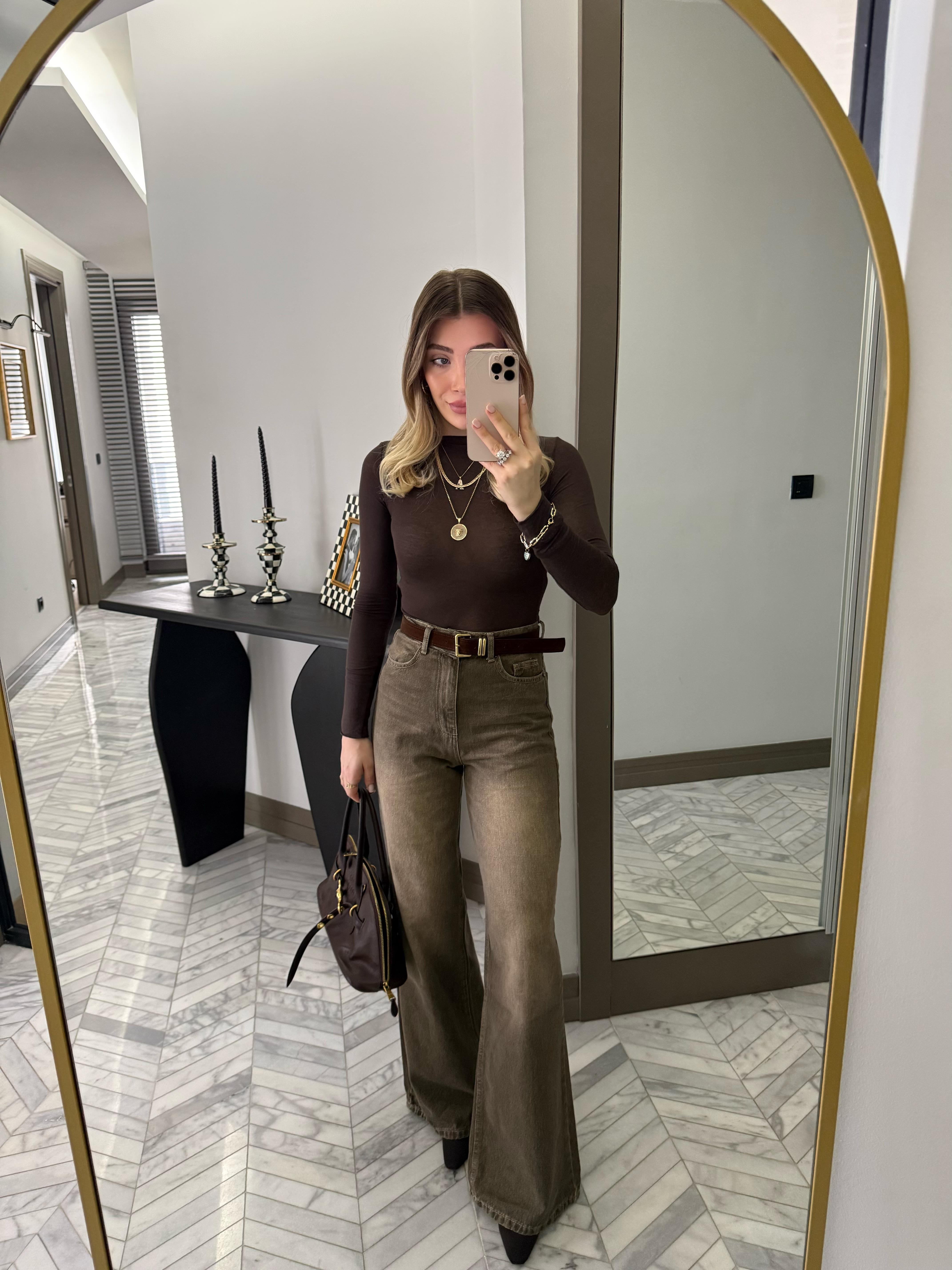 Haki  Kemerli Denim Palazzo Jean-1021